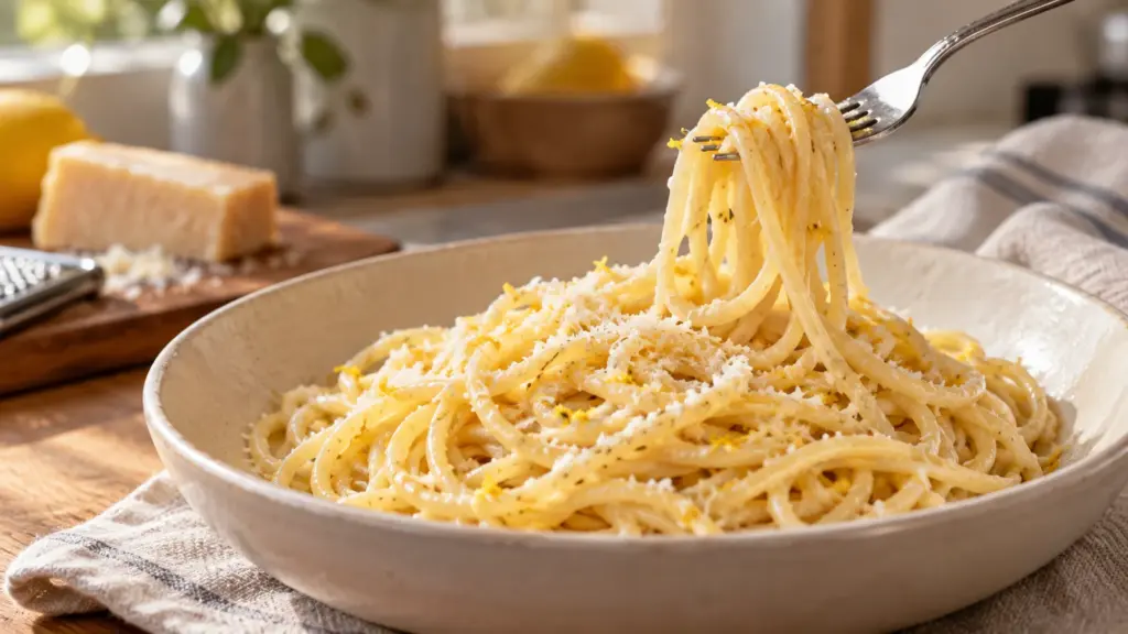Frozen lemon pasta with silky butter-Parmesan sauce and fine lemon flecks