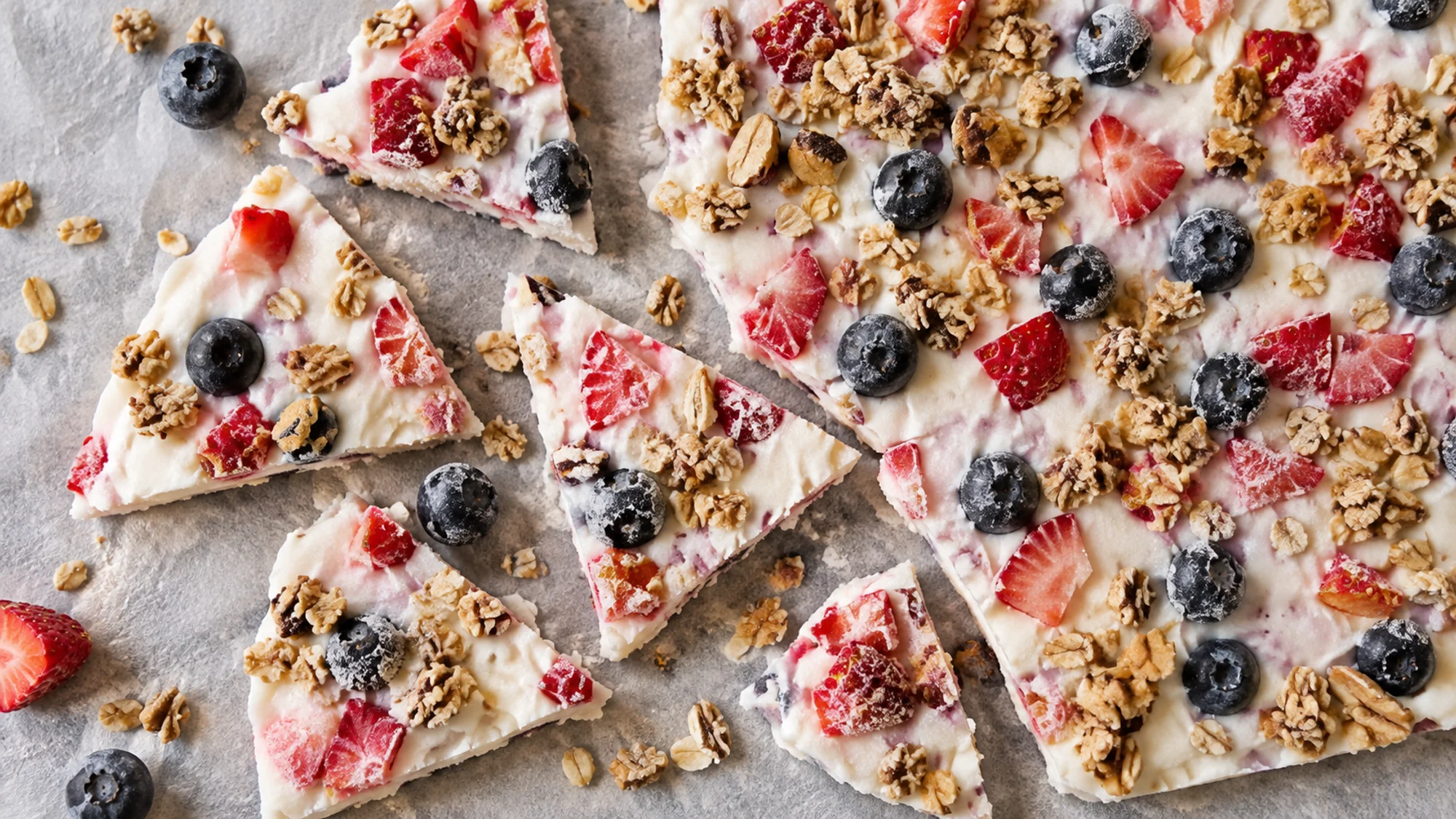 Frozen yogurt bark with strawberries blueberries and granola broken into pieces on parchment