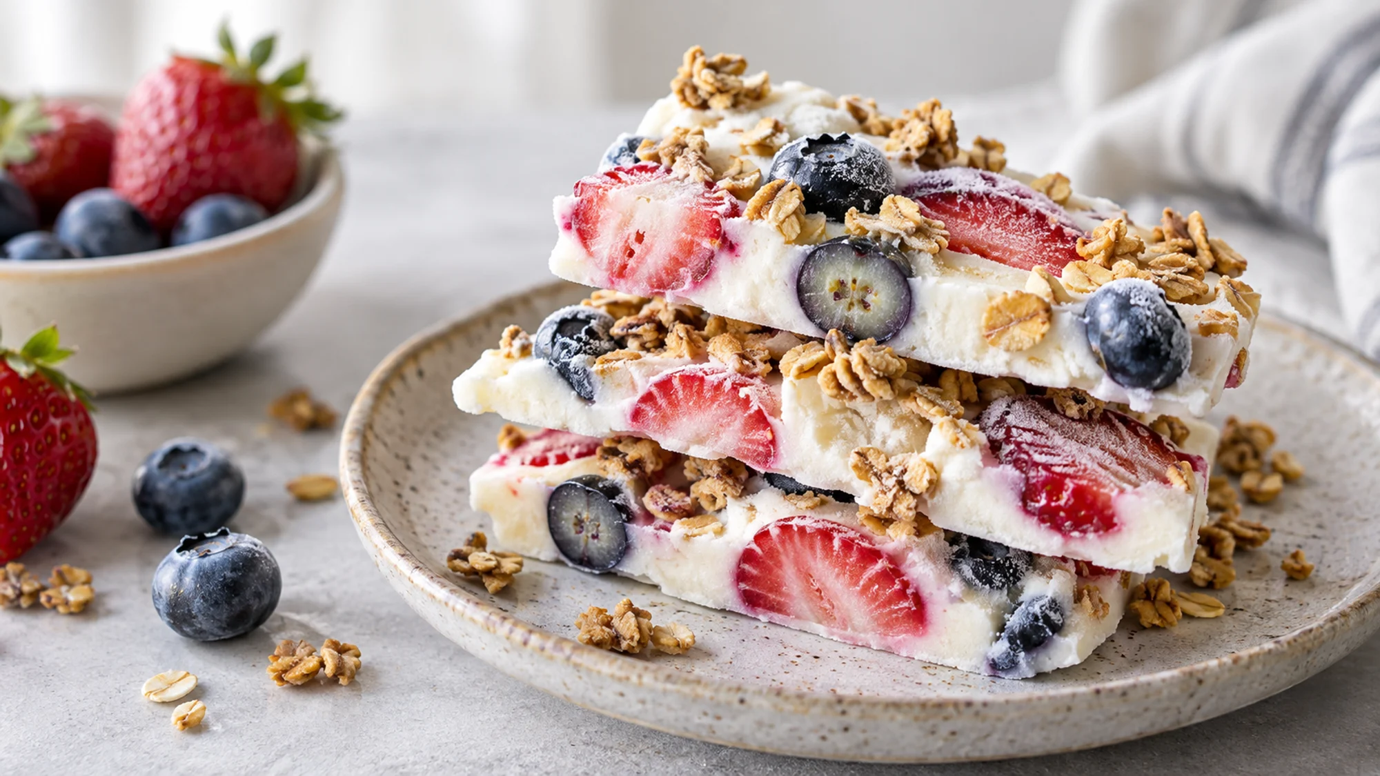 Stacked pieces of berry frozen yogurt bark with visible creamy layers