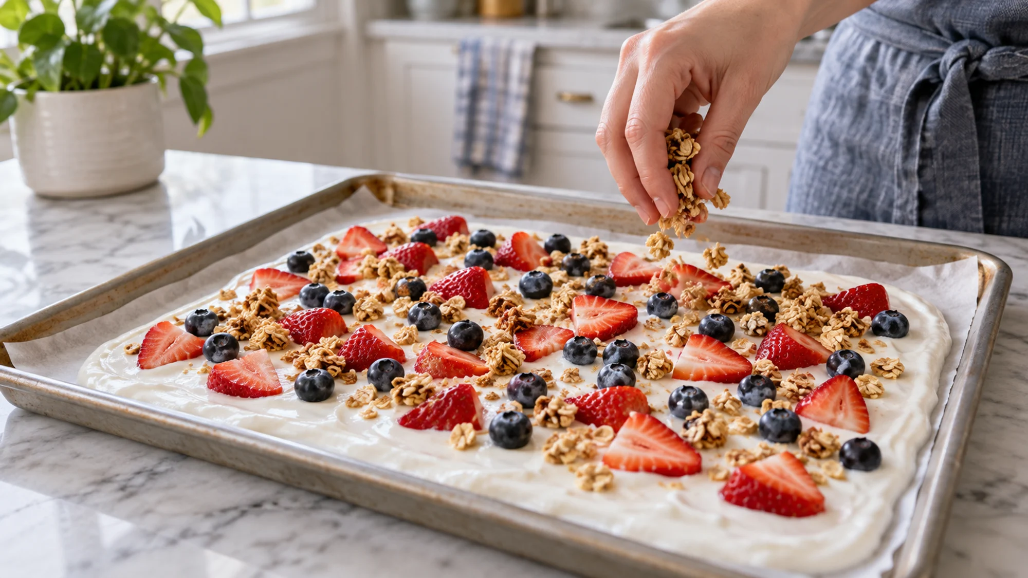 Fresh berries and granola being scattered over yogurt in a lined sheet pan