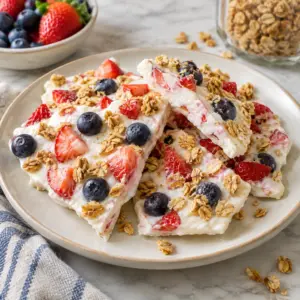 Square image of frozen yogurt bark with strawberries blueberries and granola