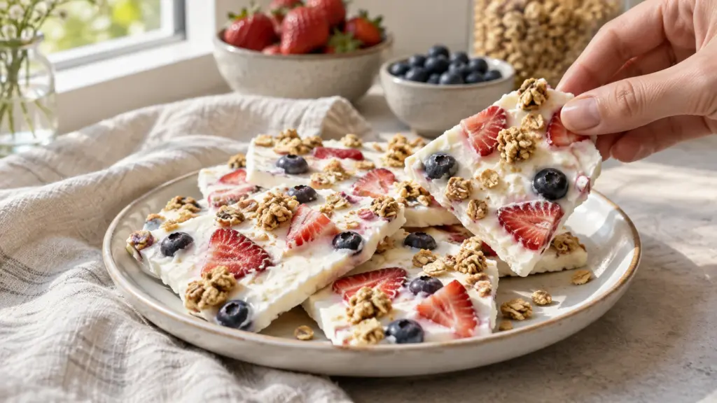 Frozen yogurt bark with strawberries blueberries and granola on a plate