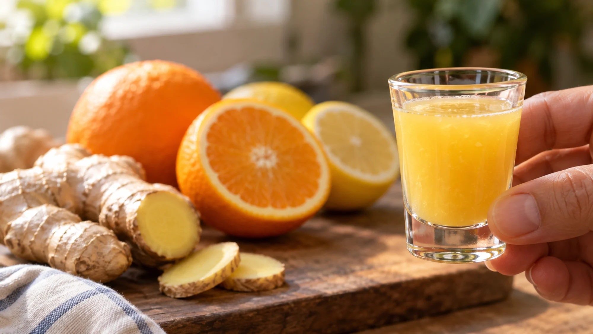 Small ginger citrus shot beside fresh citrus