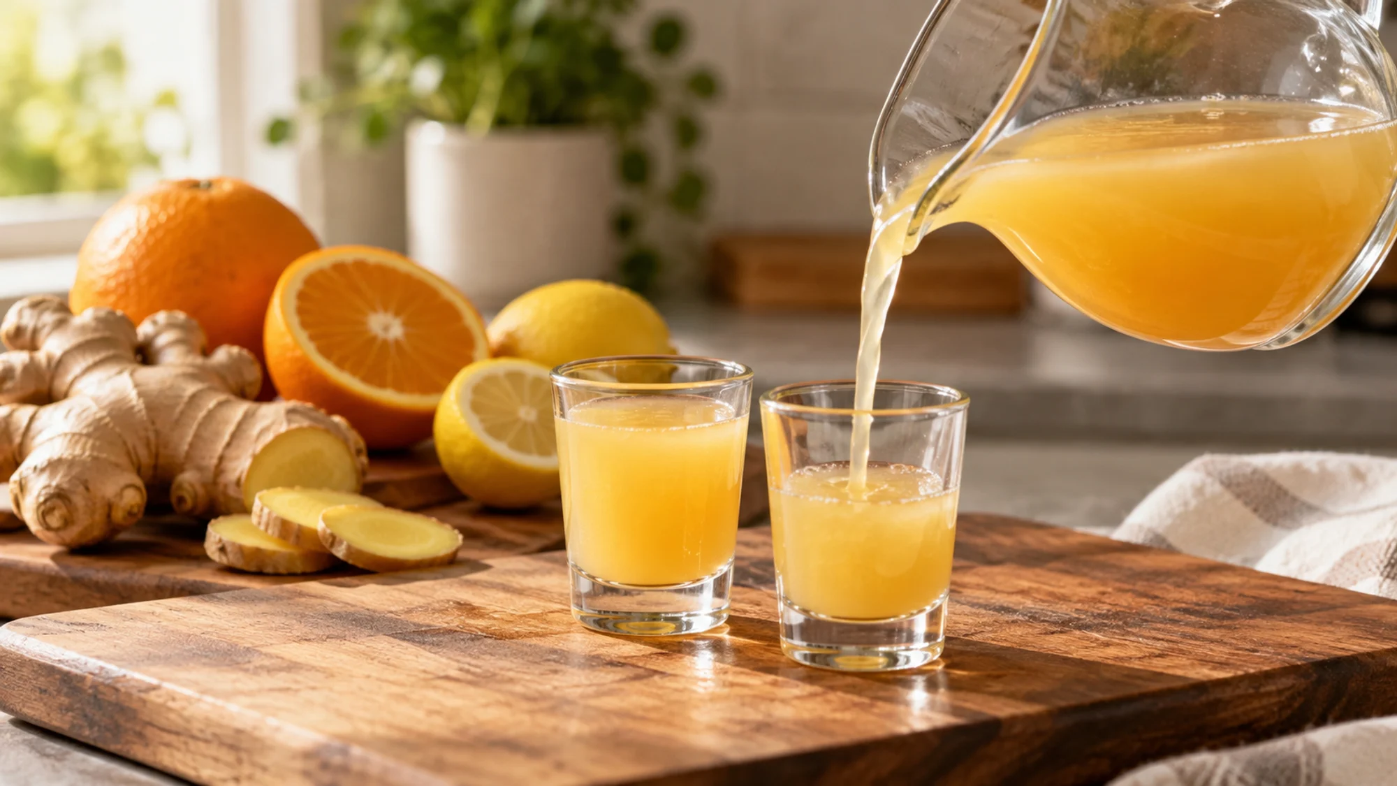 Ginger citrus drink poured into small glasses