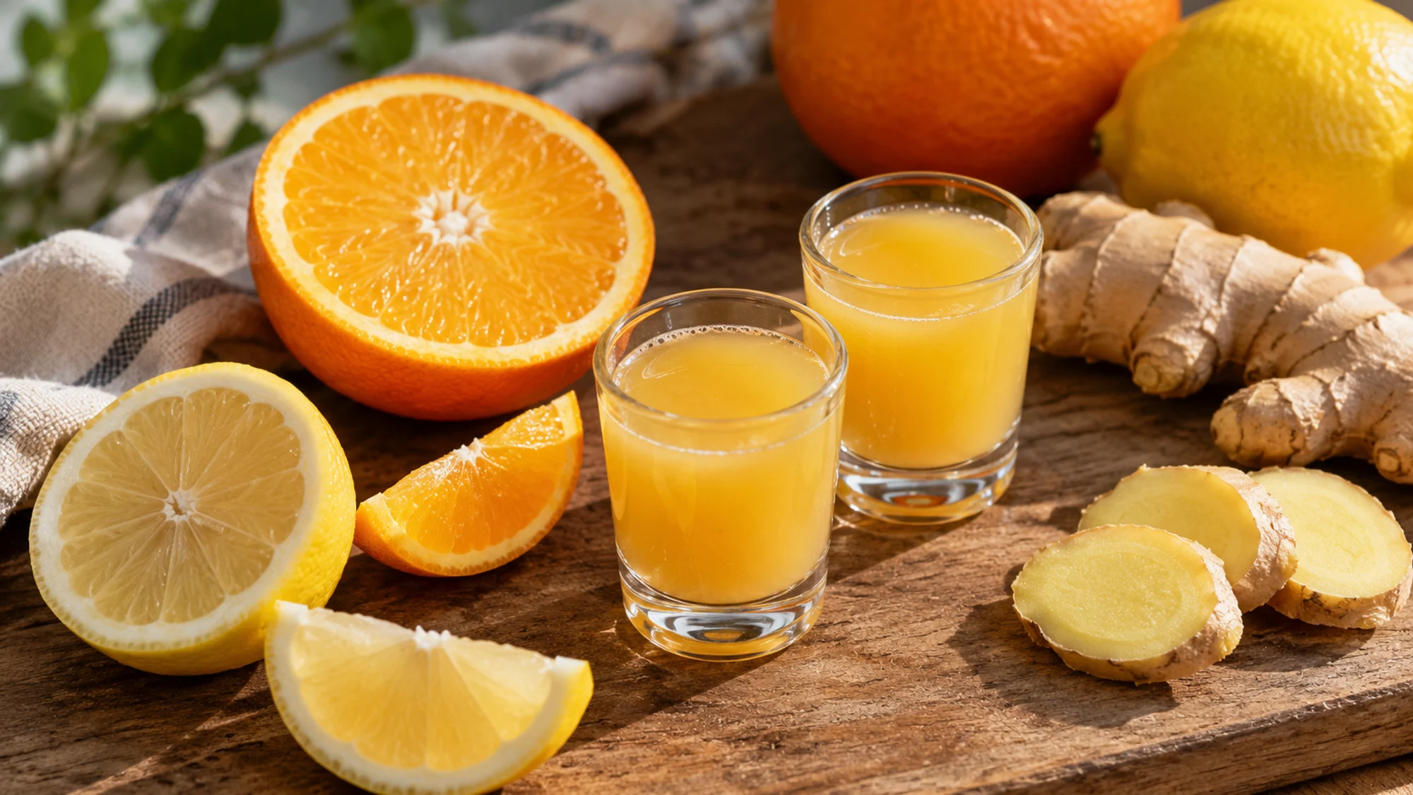 Two ginger shots with lemon orange and ginger