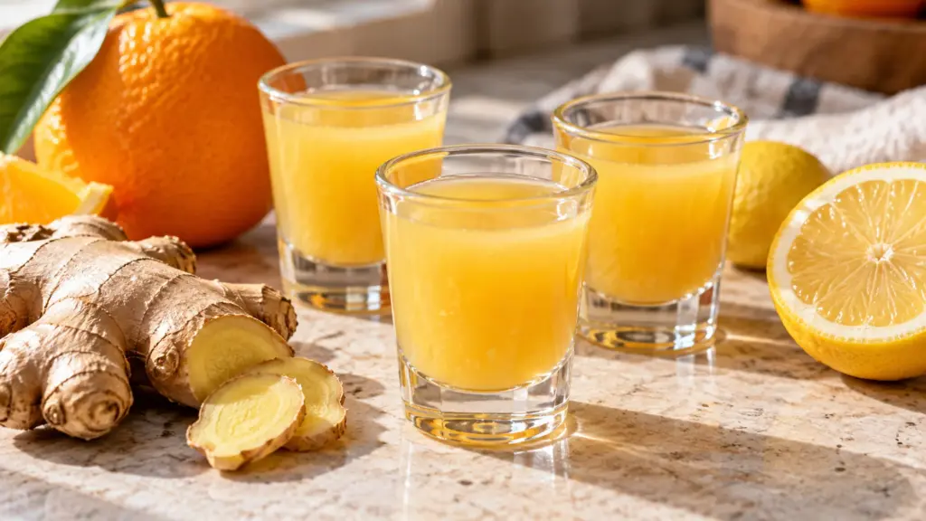 Three ginger shots with orange, lemon and fresh ginger