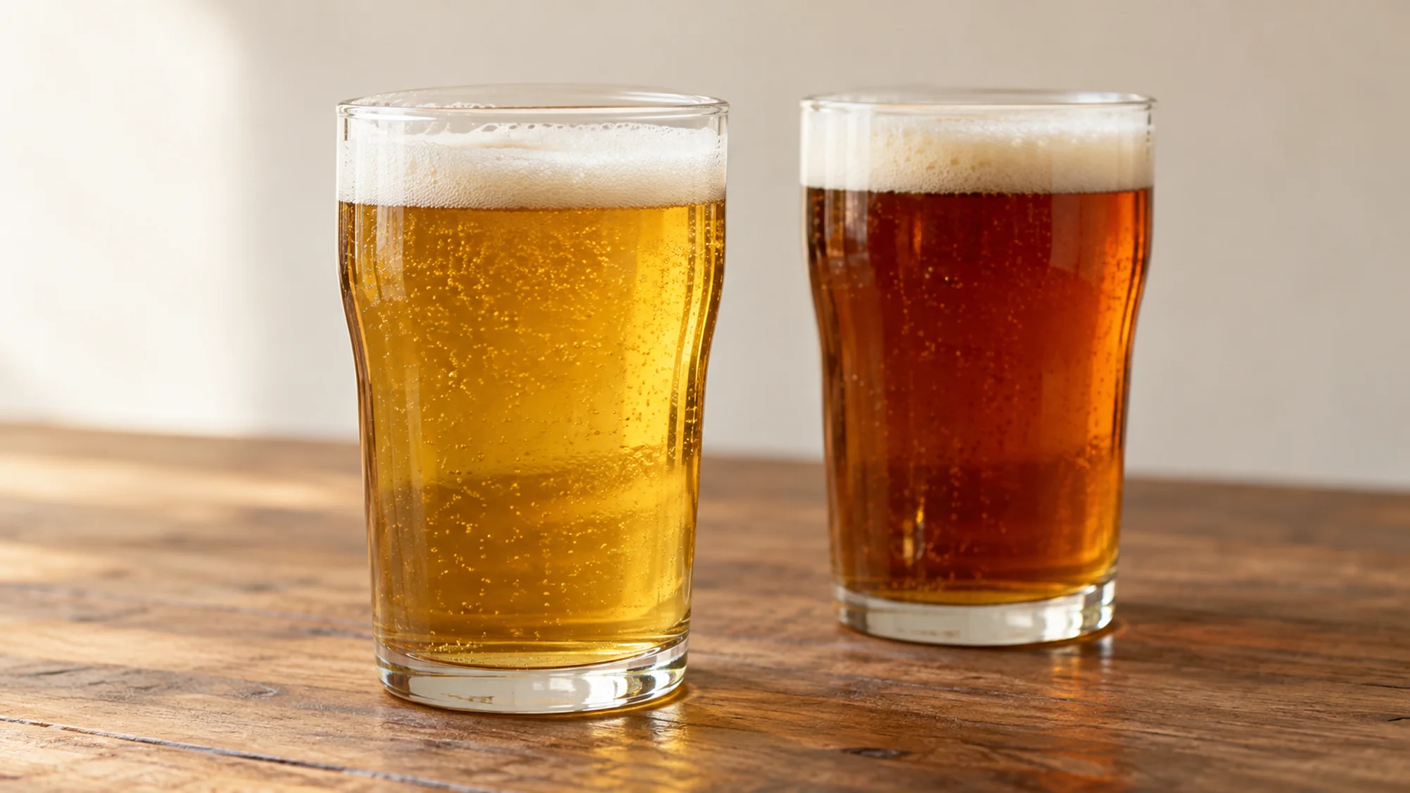Pale golden and copper ales side by side in clear glasses.