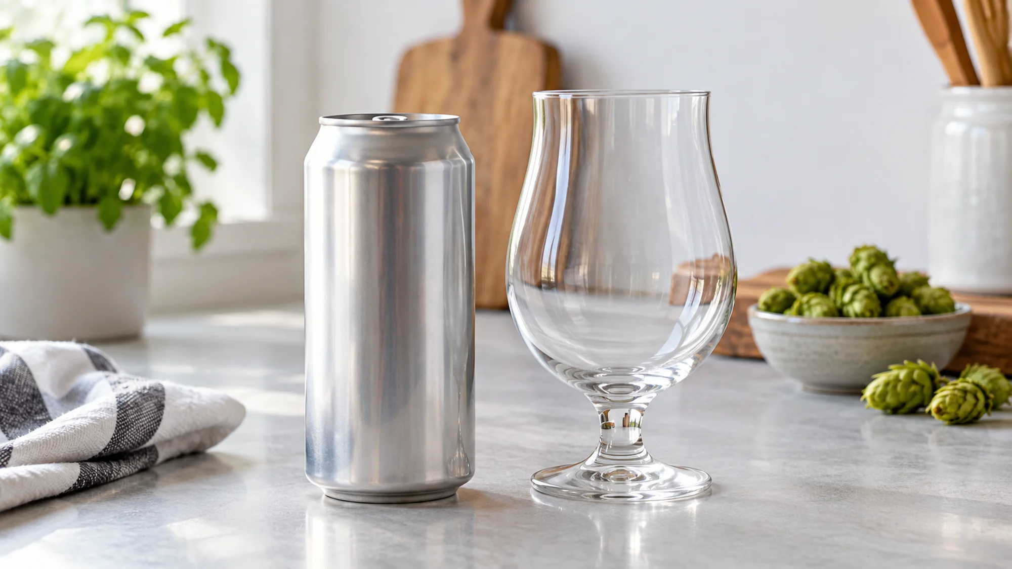 Plain sealed can beside an empty clean drinking glass.