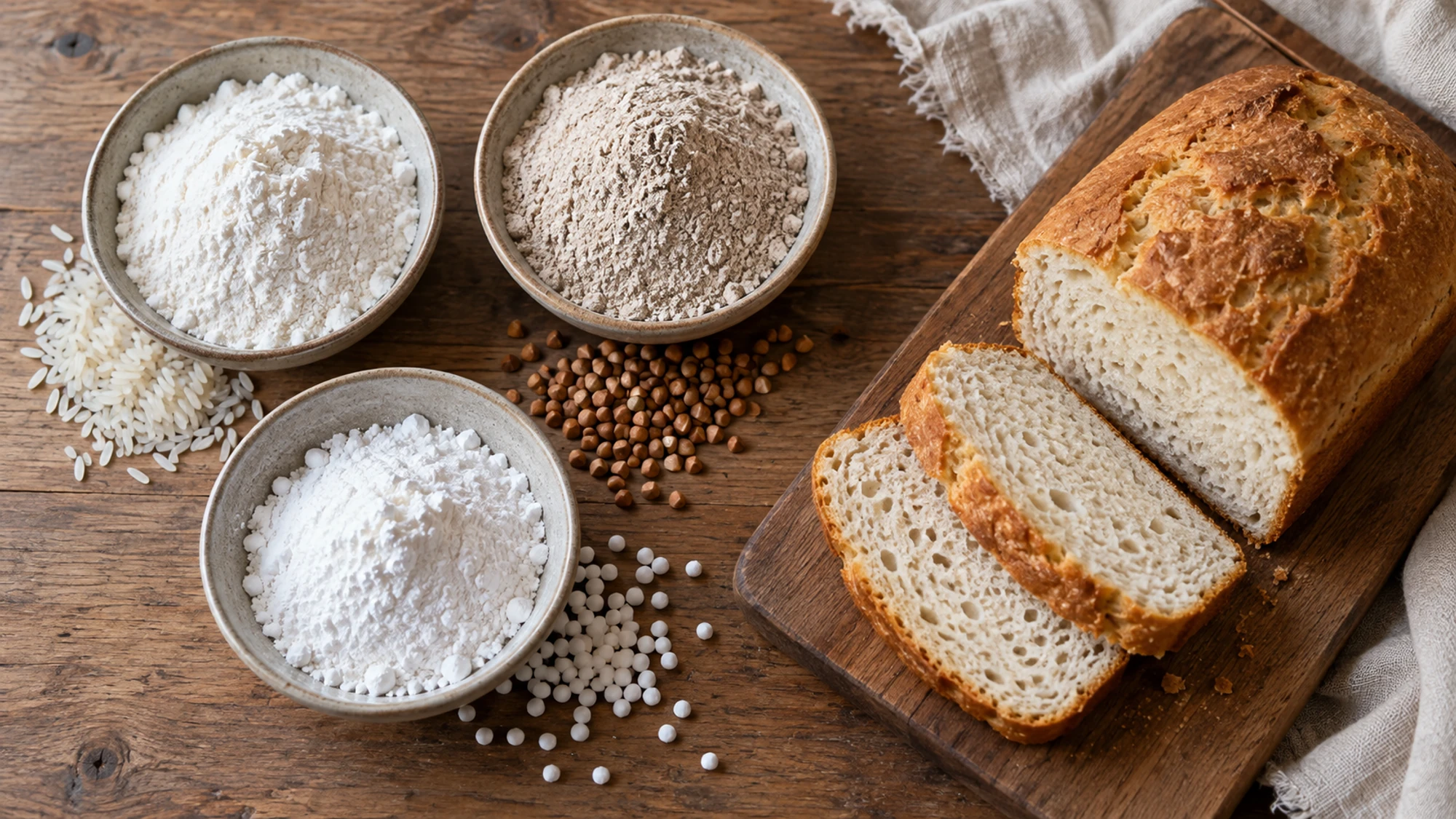 Bowls of alternative flours beside a sliced gluten-free pan loaf.