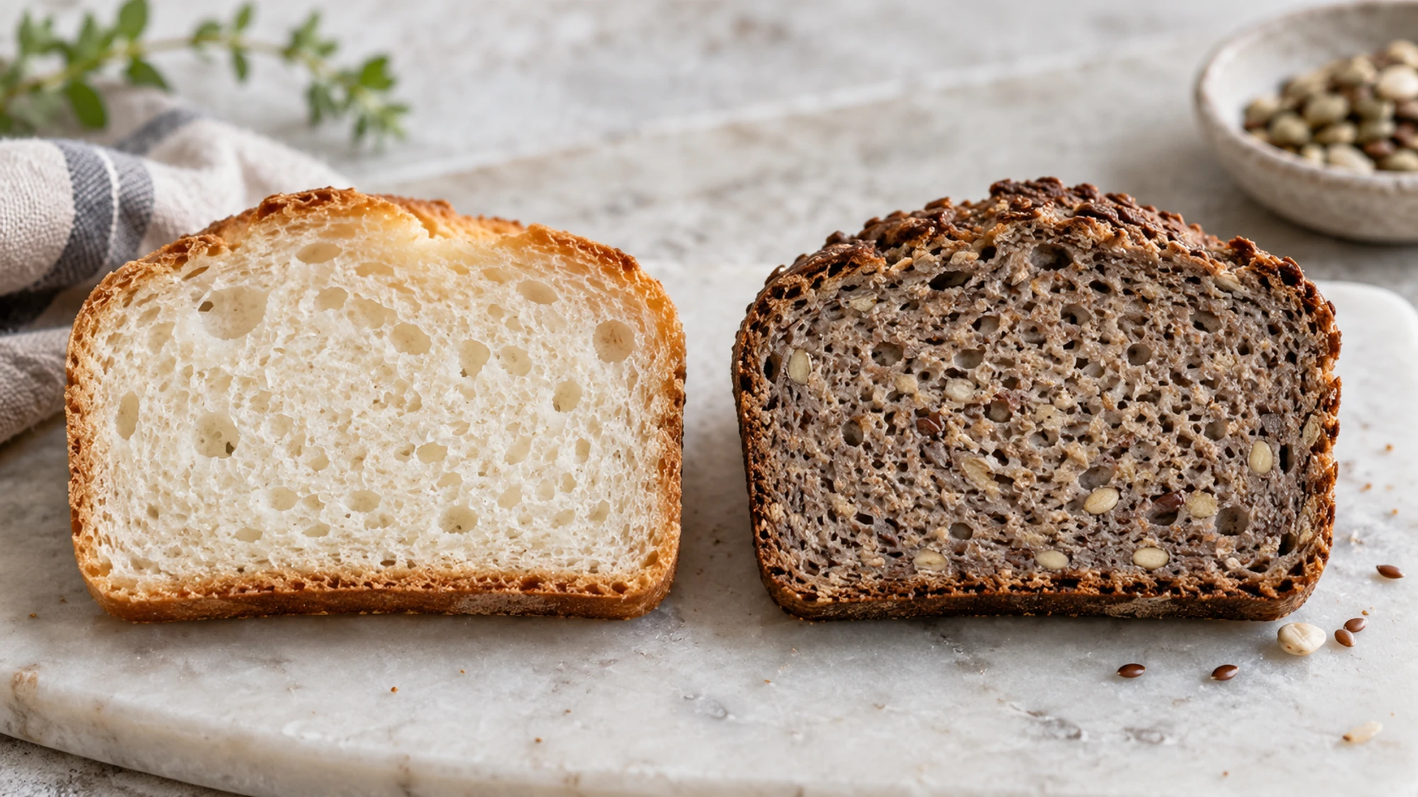 Pale and darker seeded gluten-free bread slices showing different crumb textures.