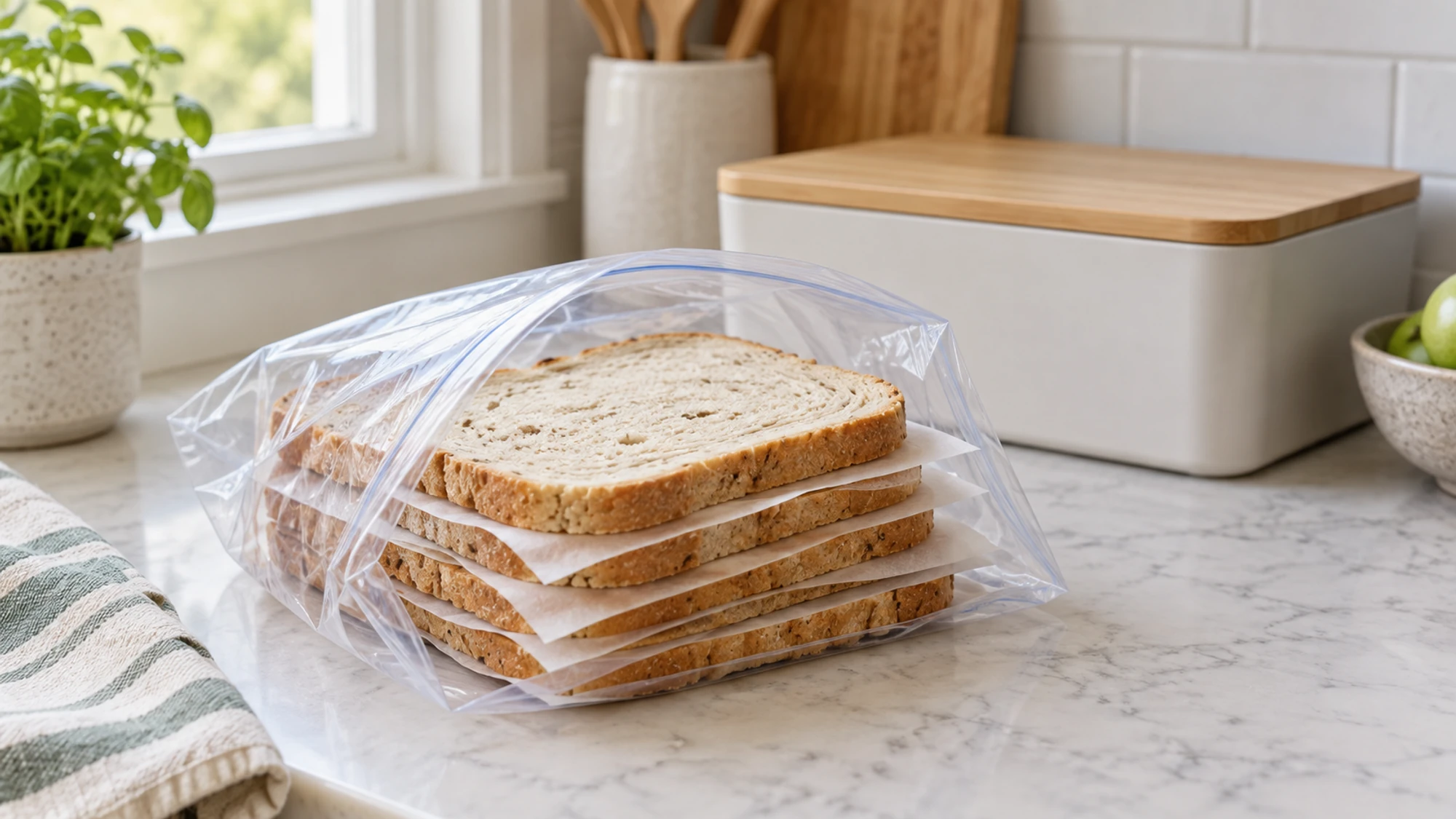 Bread slices separated with parchment inside a clear freezer bag.