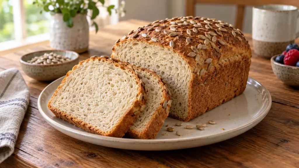 Sliced seeded gluten-free sandwich loaf showing its pale crumb on a ceramic plate.