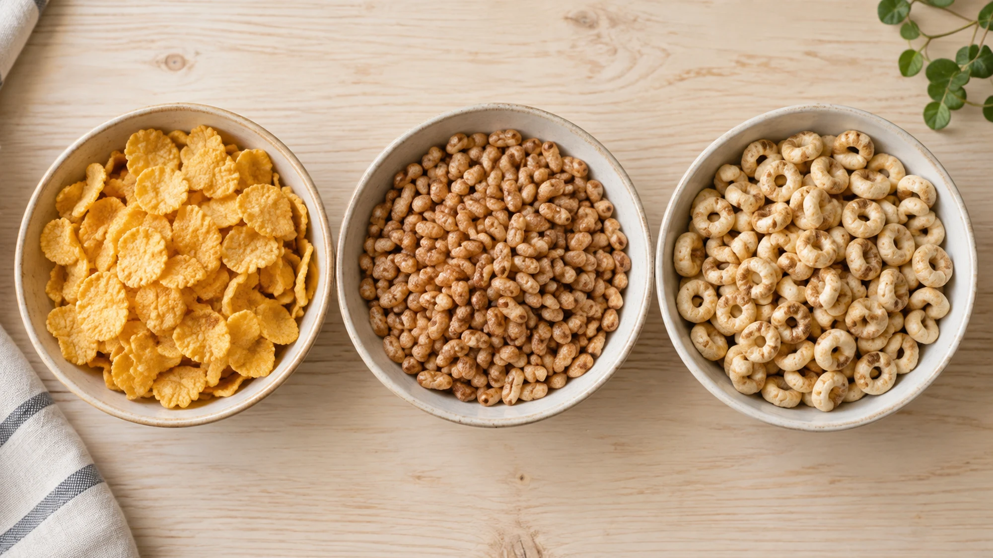Separate bowls of corn flakes, puffed rice and toasted oat rings