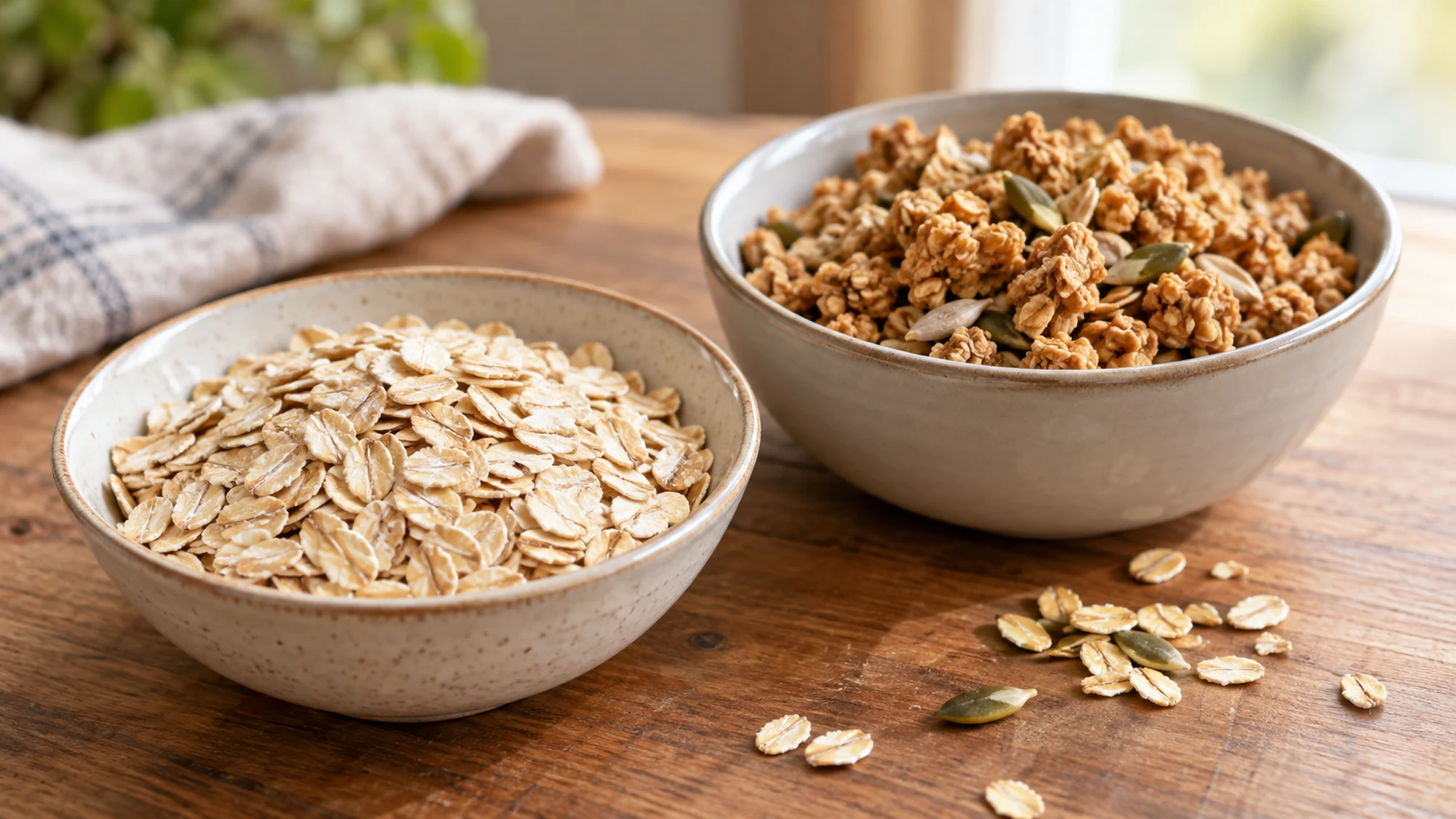 Rolled oats beside a small bowl of oat granola and seeds