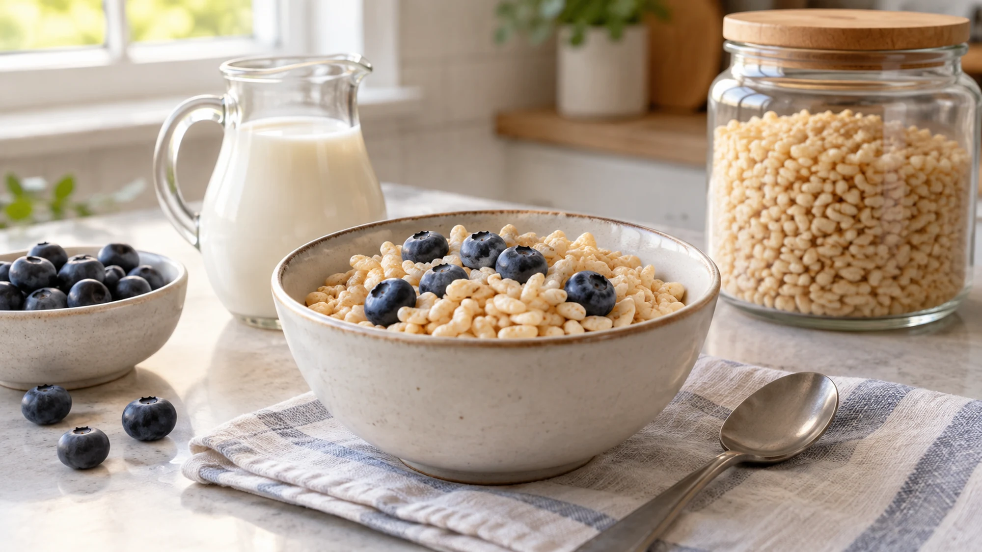 Rice cereal with blueberries beside milk and a closed cereal jar