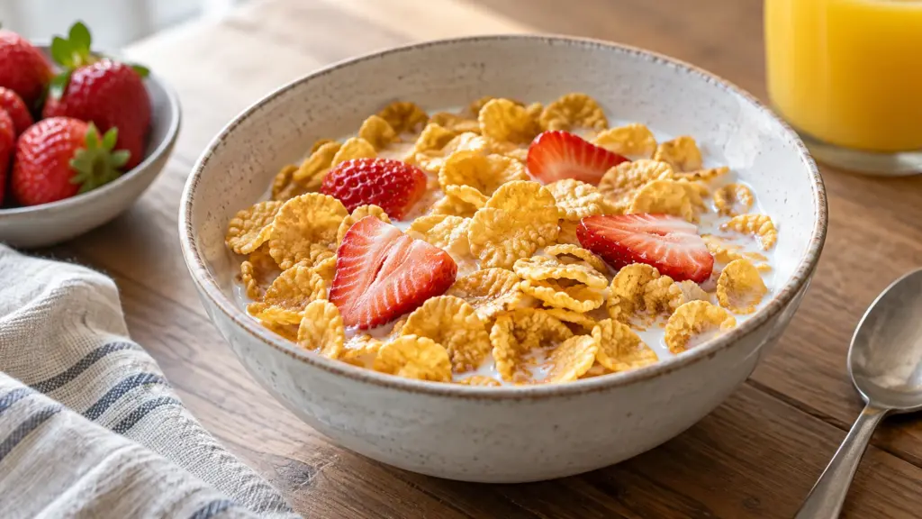 Corn flakes with milk and sliced strawberries in a ceramic breakfast bowl