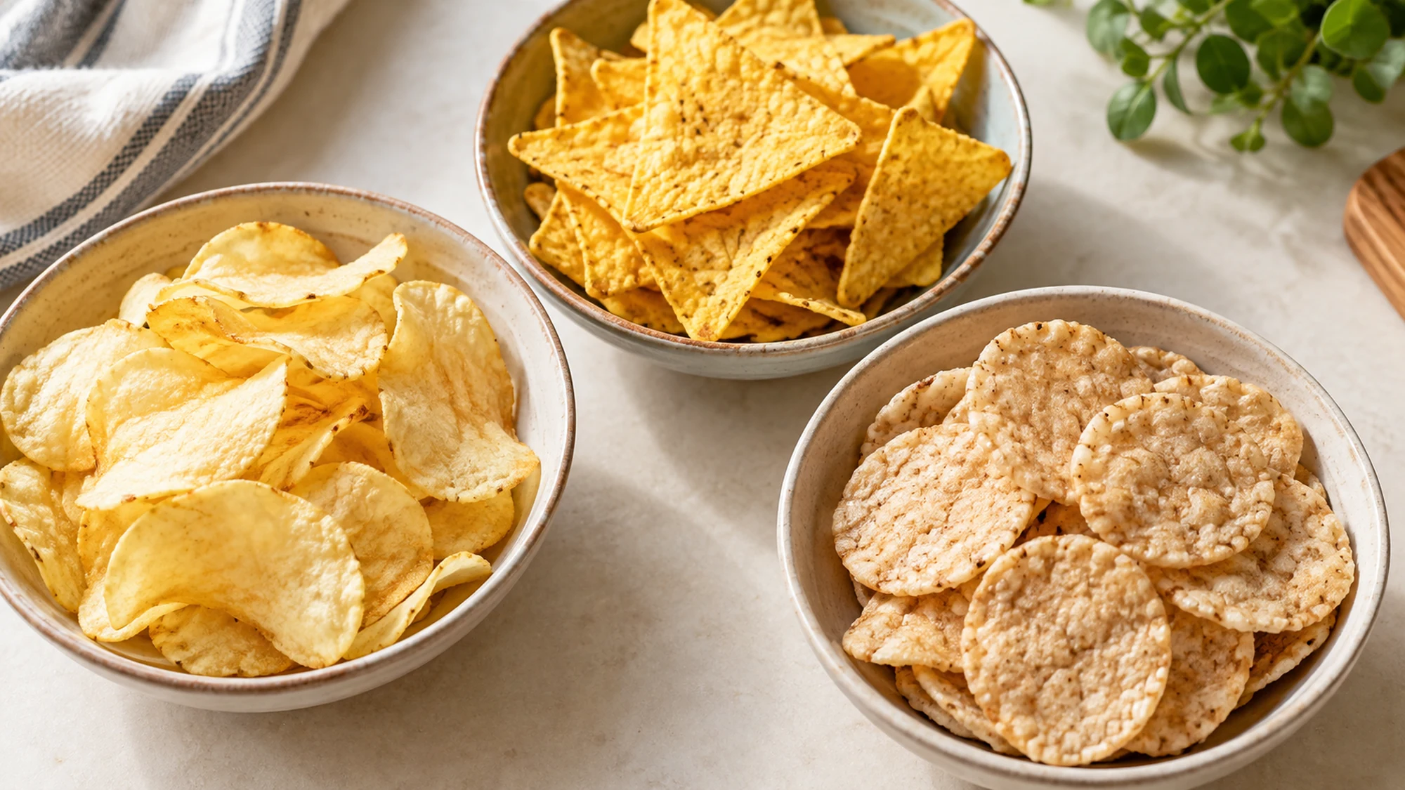 Potato chips, corn tortilla chips and round rice chips in three bowls