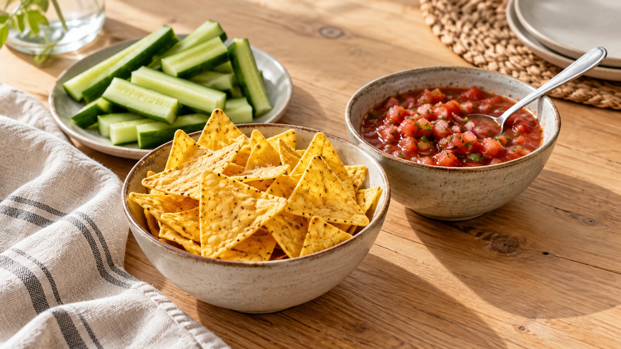 Tortilla chips with separate salsa and cucumber sticks