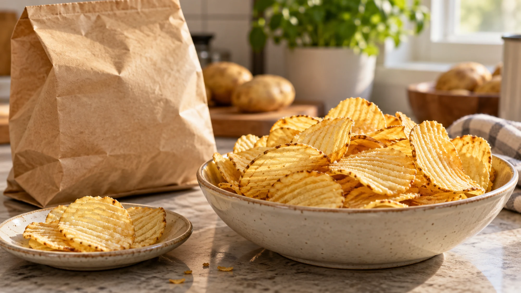 Ridged potato chips in a bowl beside a small serving and plain paper bag