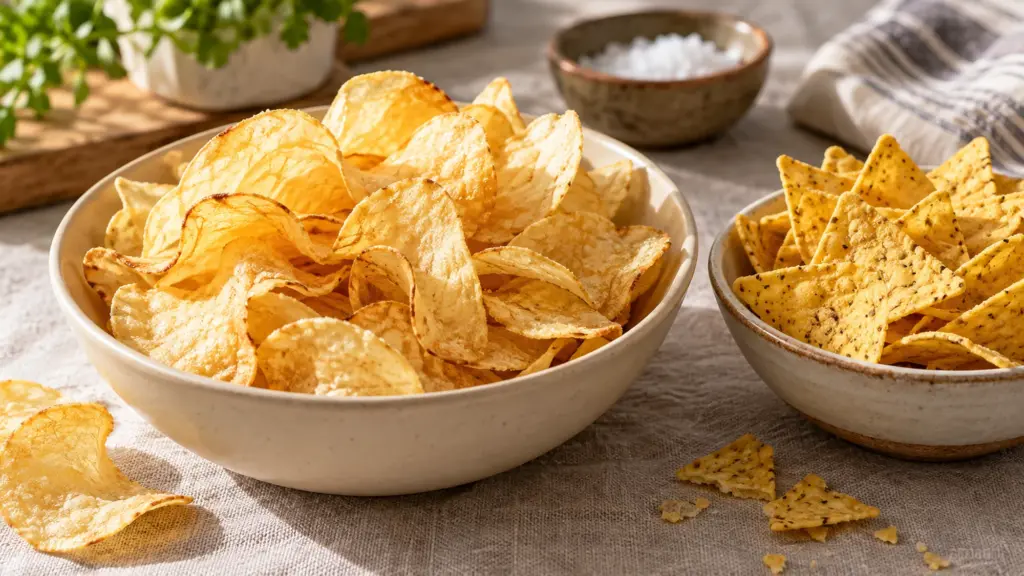 Bowls of curled potato chips and yellow corn tortilla chips on cream linen