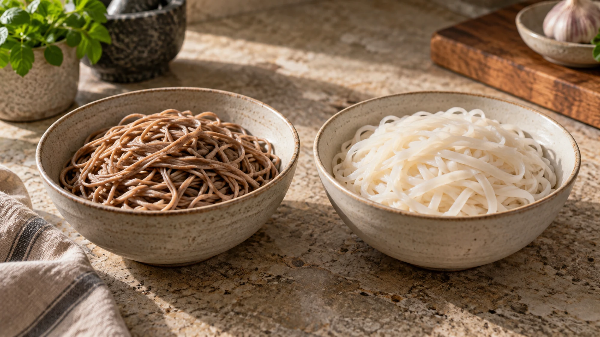 Cooked brown soba-style noodles and pale rice noodles served in separate plain bowls