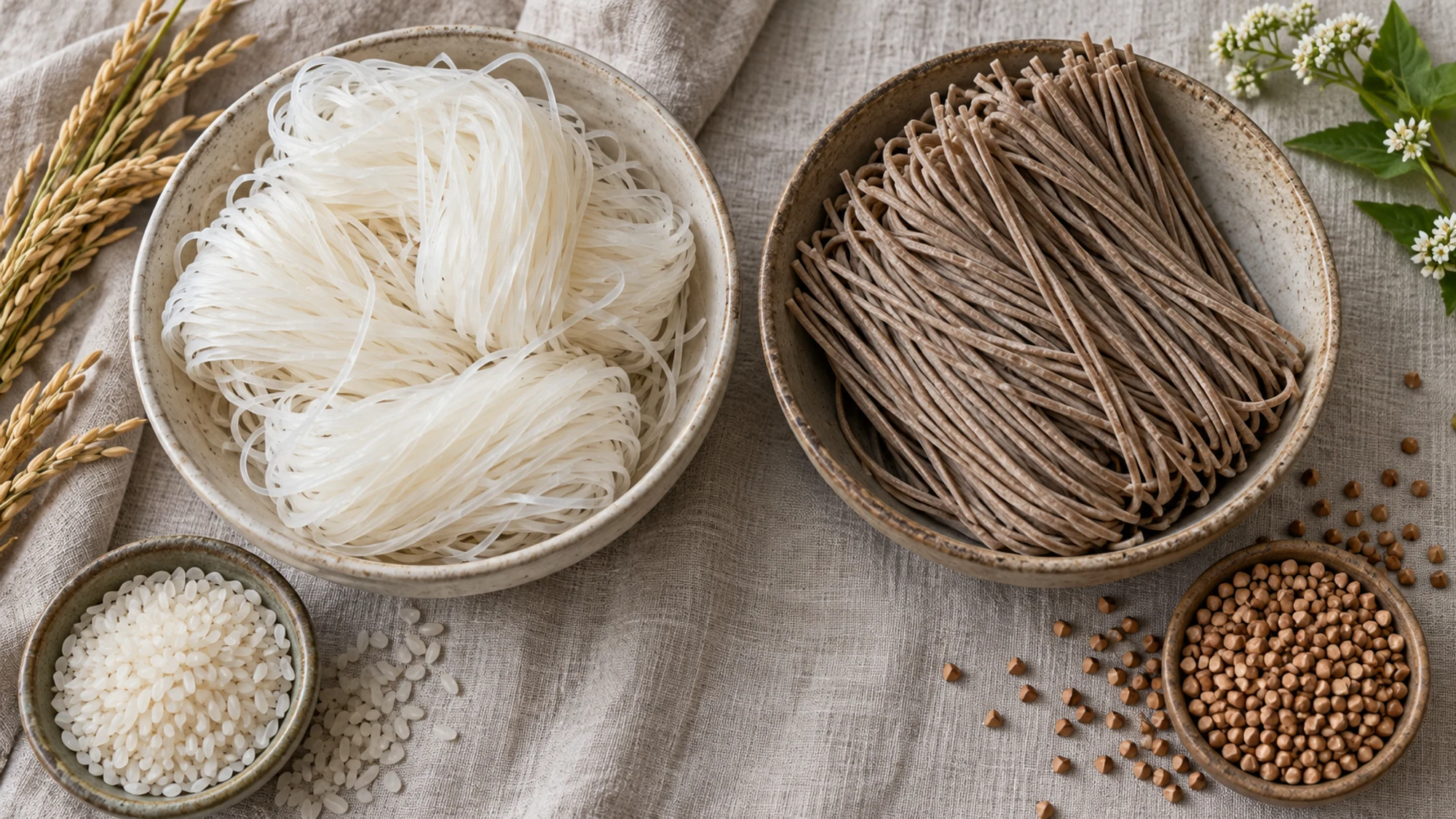 Dry white rice noodles and brown buckwheat-based noodles in separate bowls