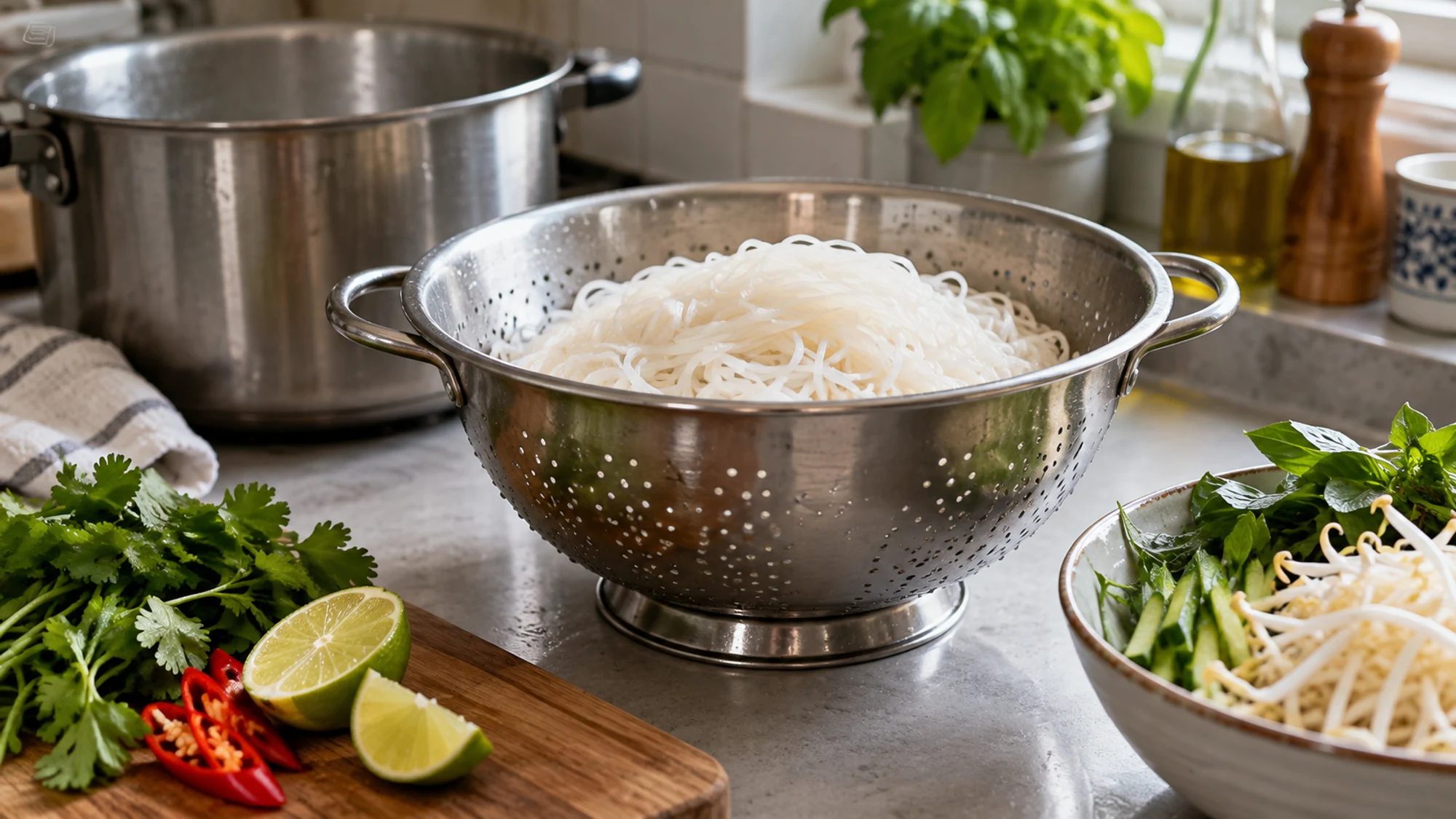 Clean colander holding cooked white rice noodles beside a pot and fresh vegetables