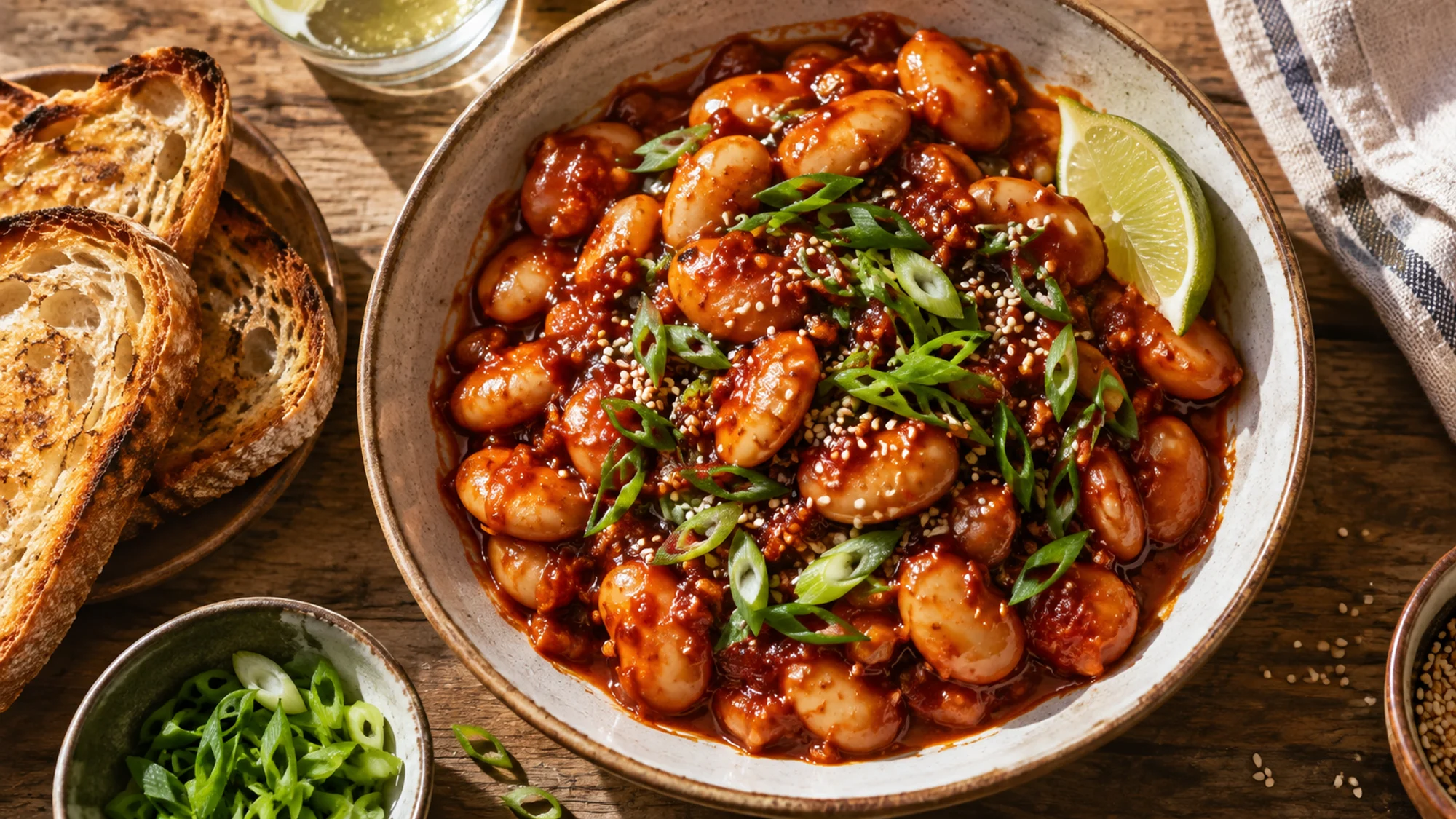 Bowl of gochujang butter beans with sesame and scallions