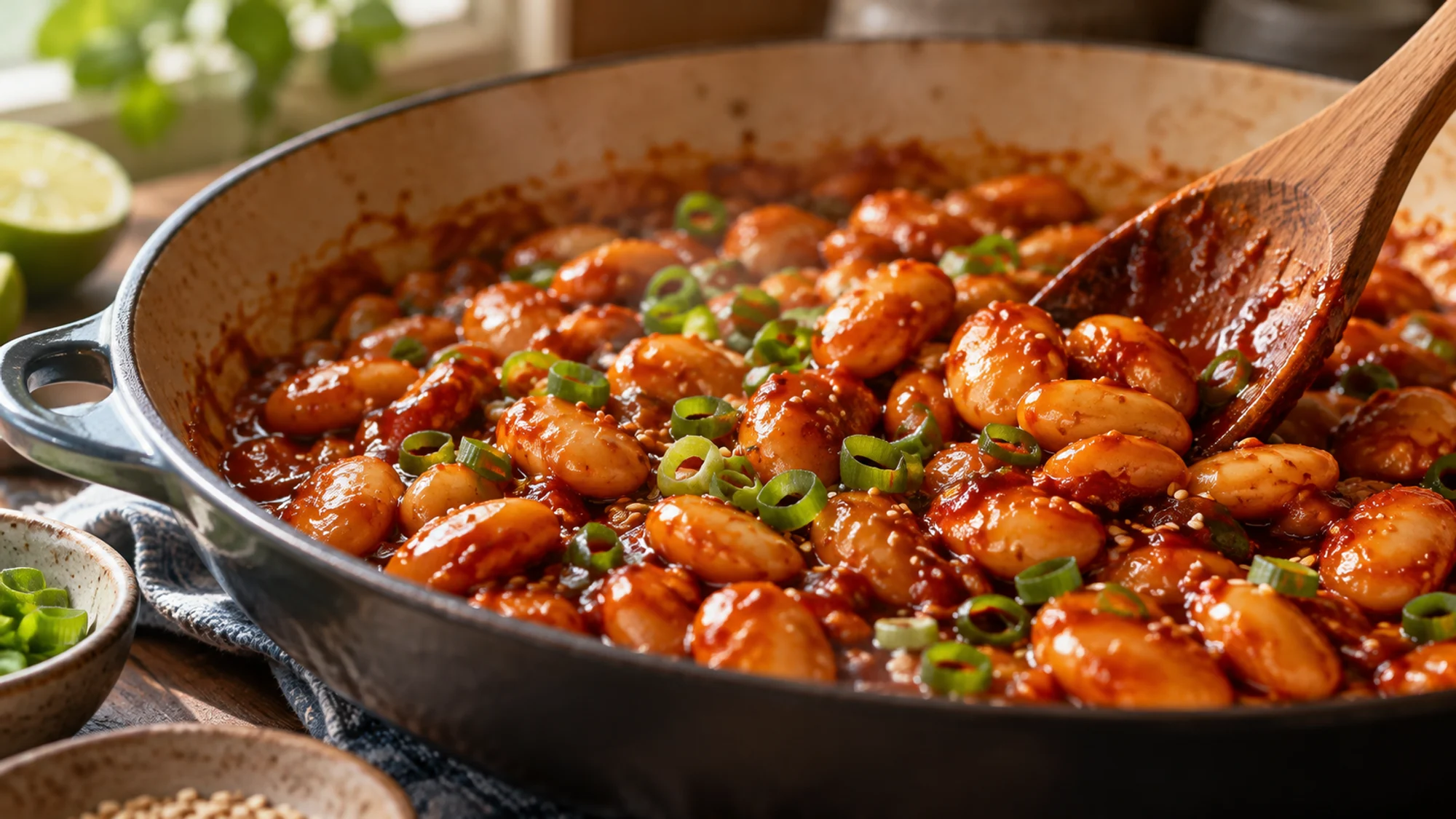 Butter beans in a skillet coated with gochujang sauce