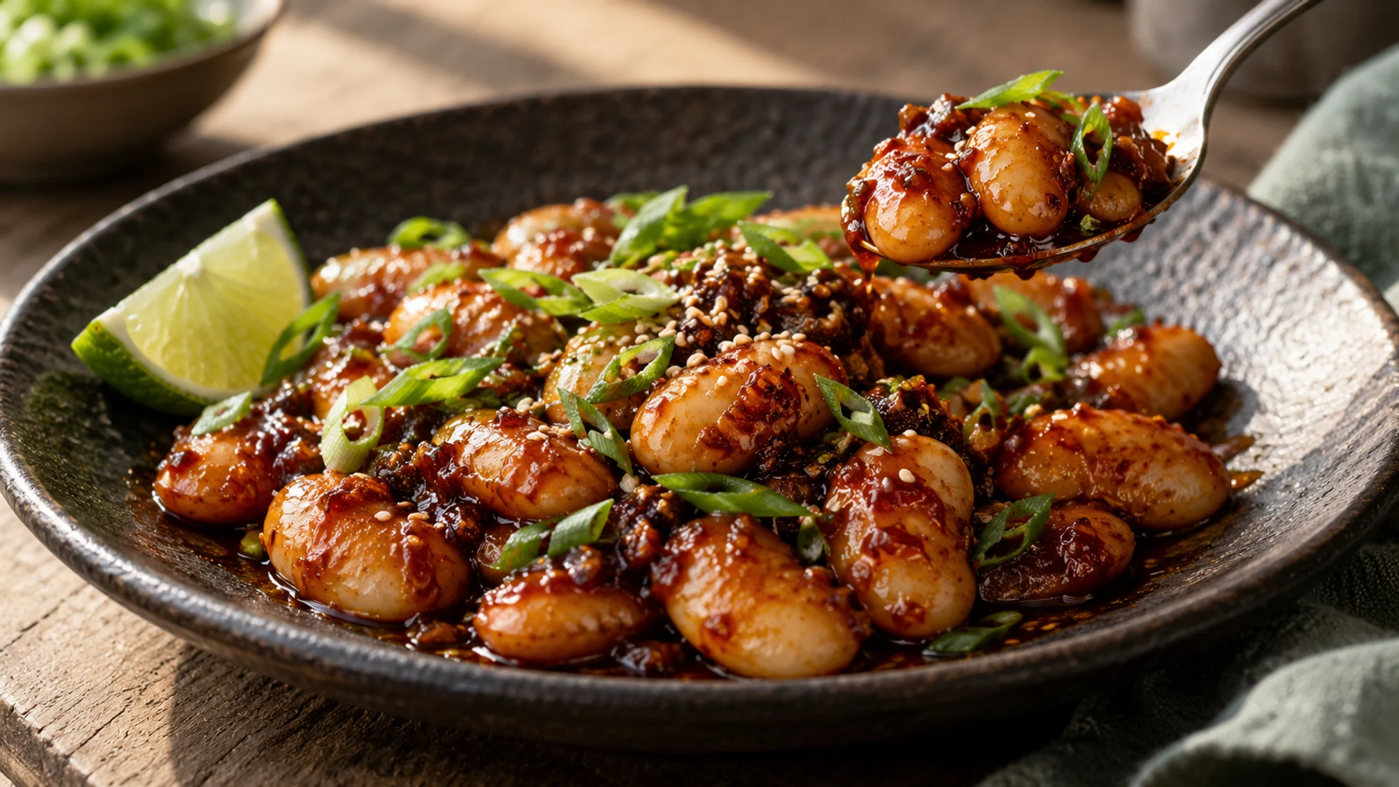 Gochujang butter beans served with a lime wedge
