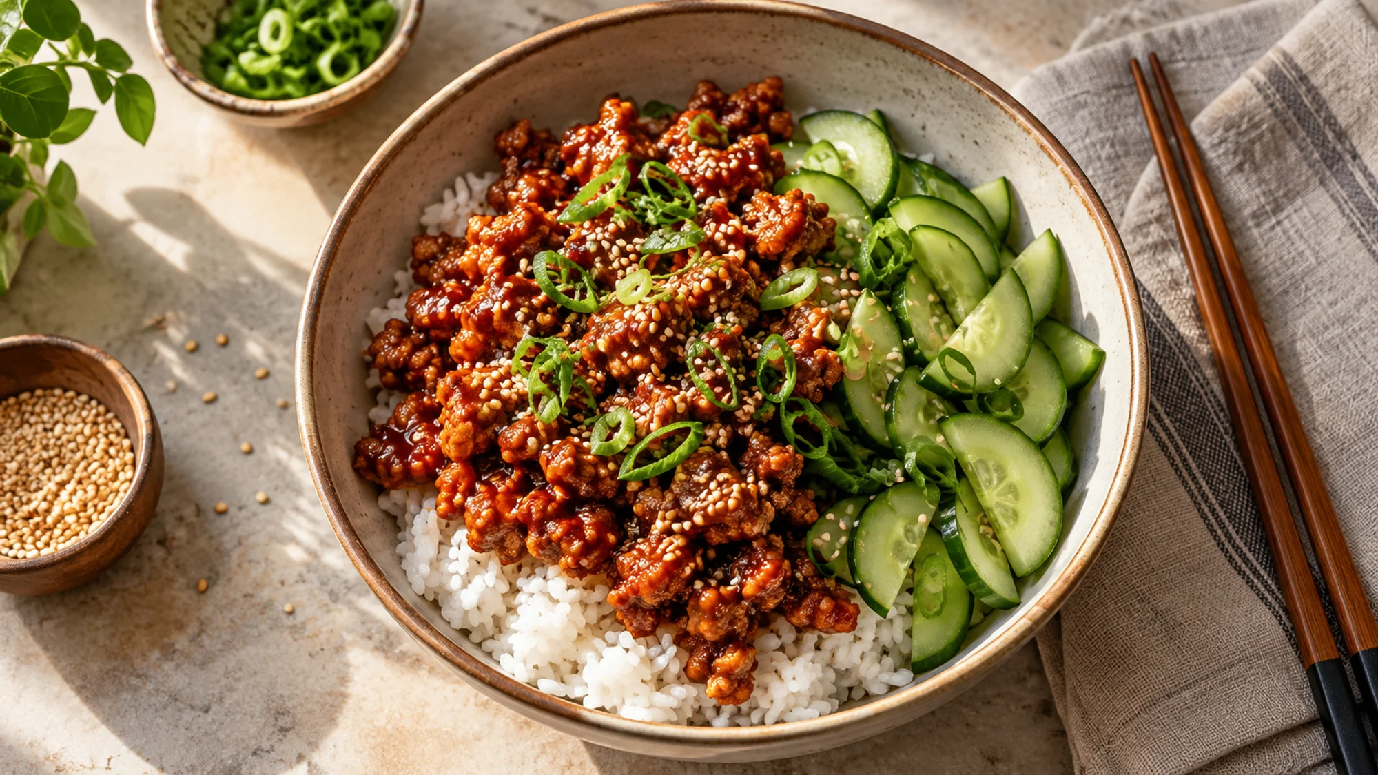Bowl of gochujang ground chicken rice and cucumber