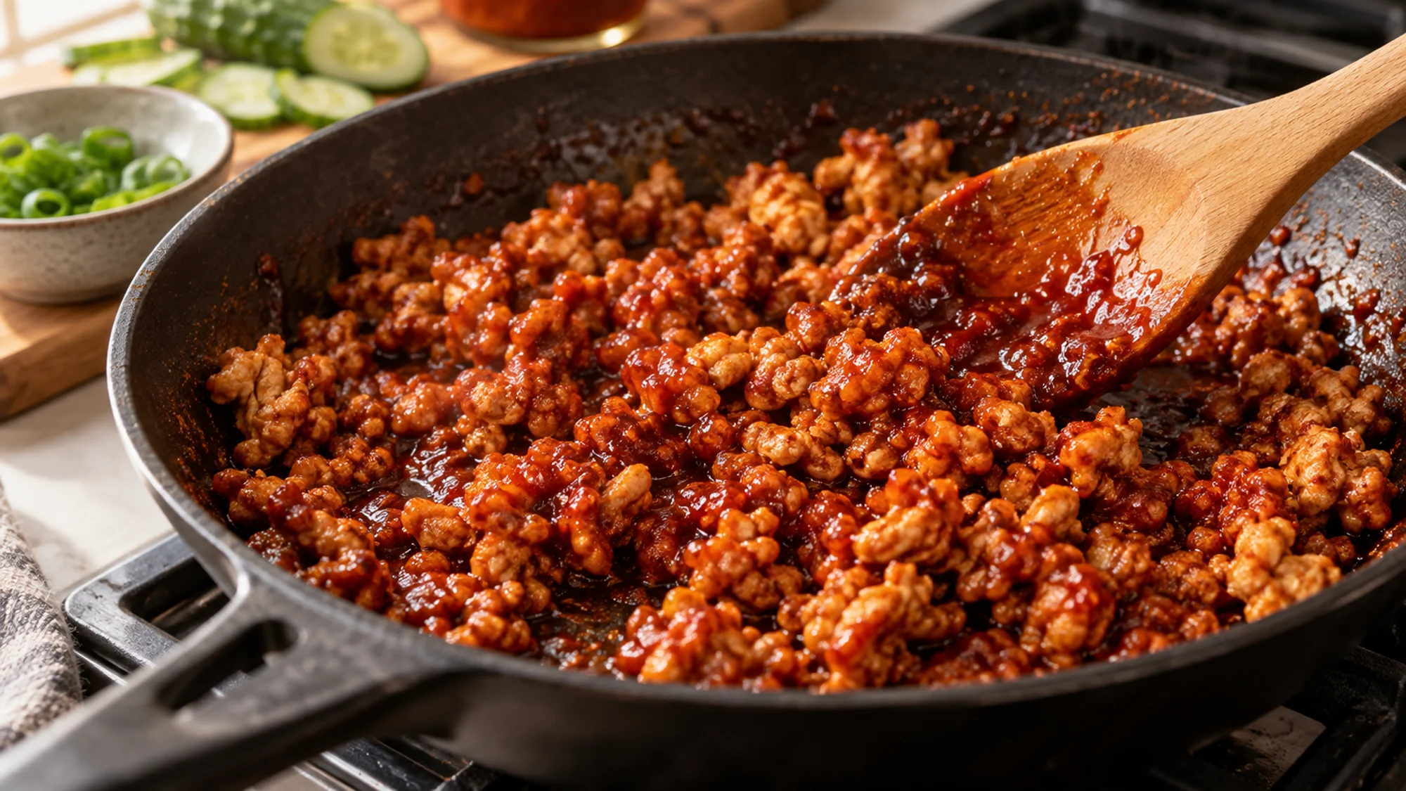 Ground chicken cooking in a gochujang glaze in a skillet