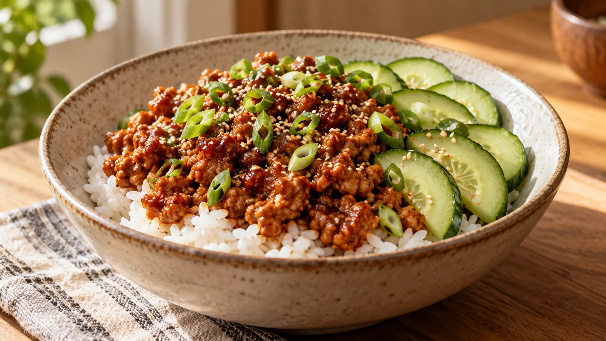 Gochujang chicken bowl with cool cucumber and rice
