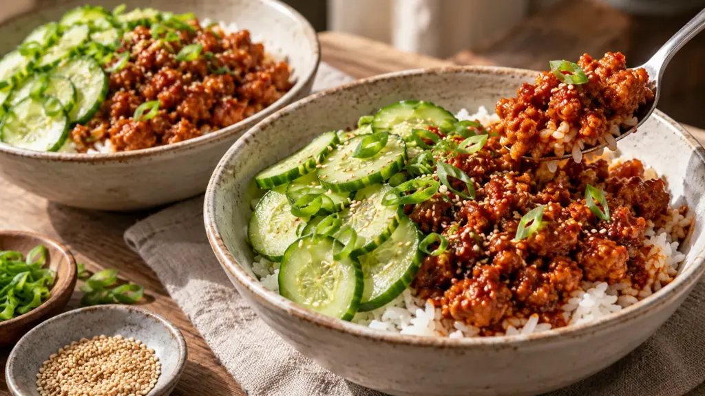 Gochujang ground chicken bowls with rice cucumber and sesame