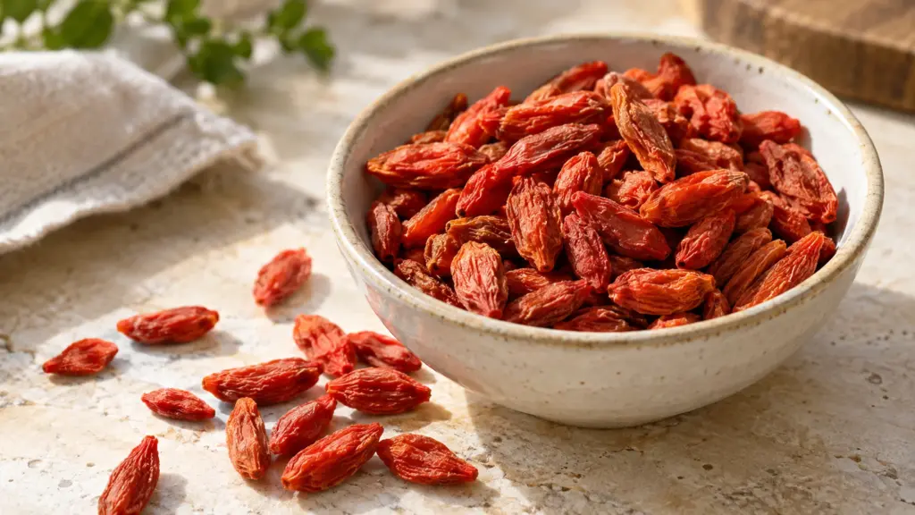 Orange-red dried goji berries in a small ceramic bowl