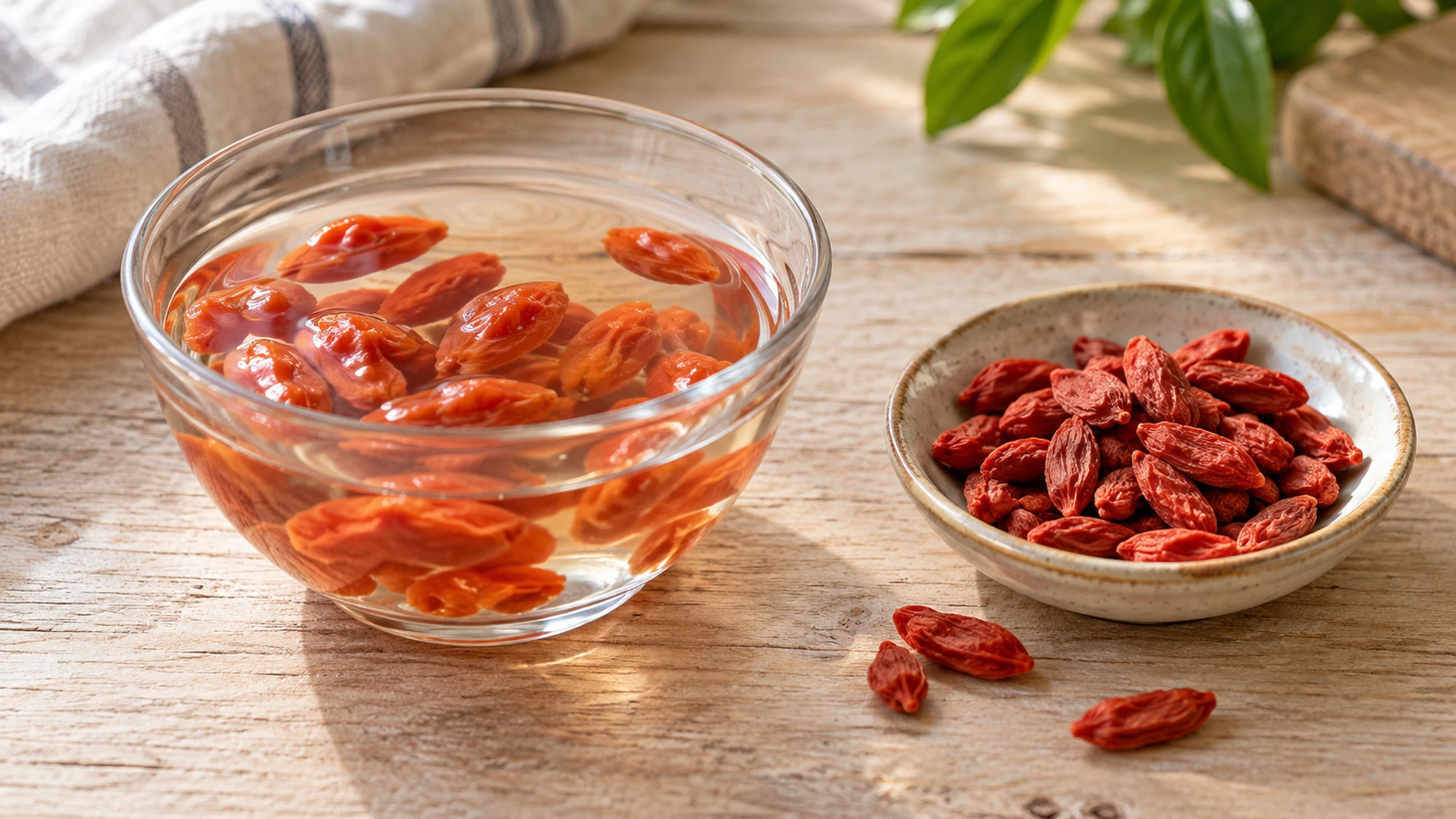 Softened goji berries in water beside a small dish of dried berries