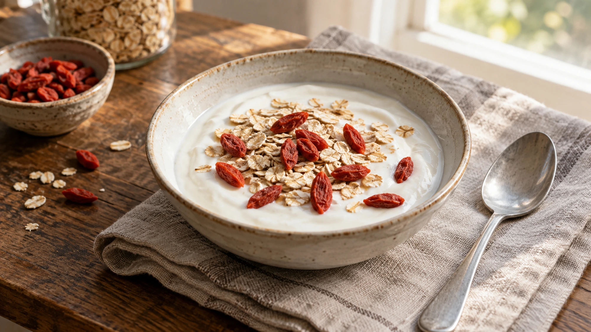 Plain yogurt topped with dried goji berries and rolled oats