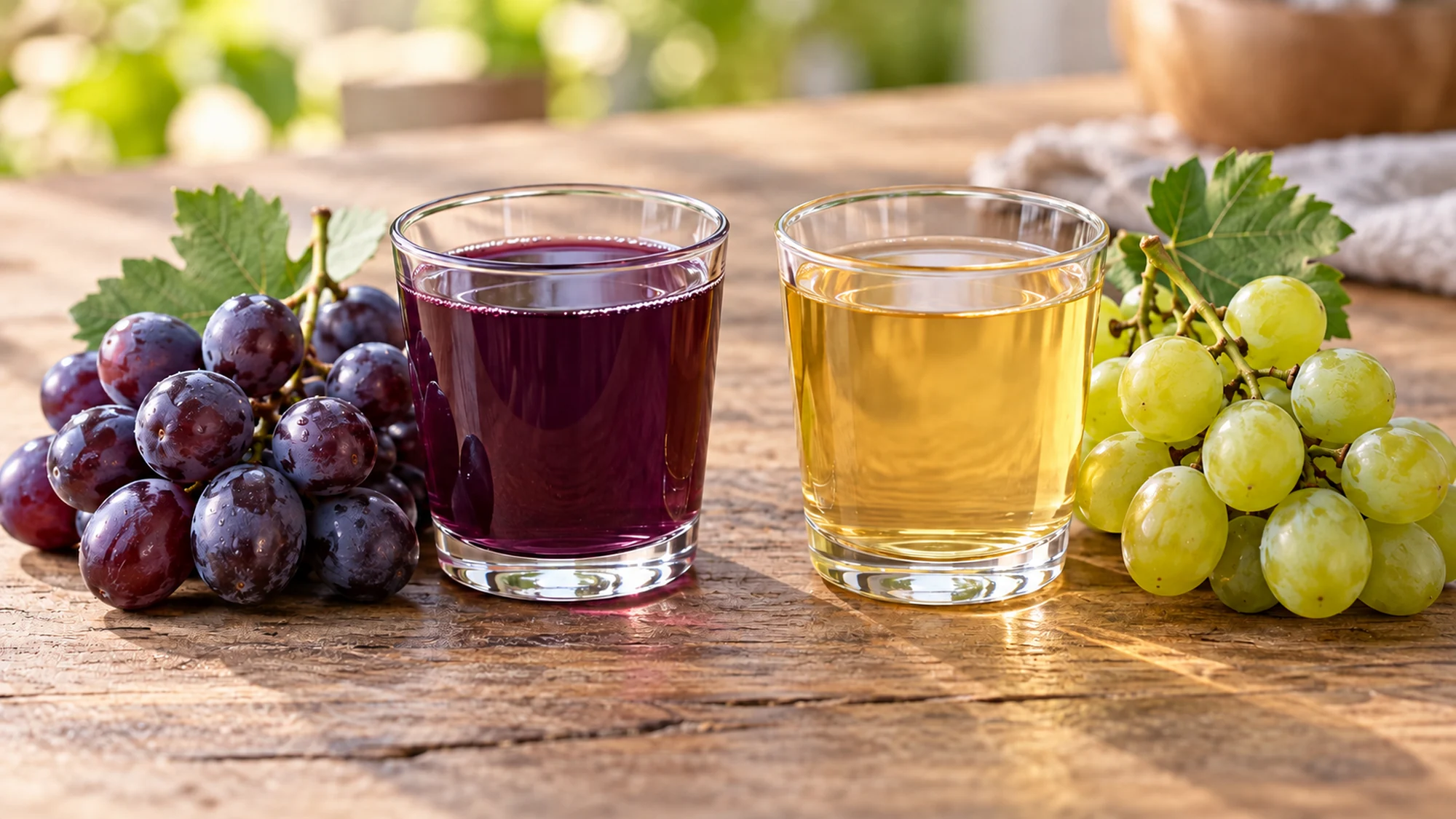 Purple and white grape juices in matching glasses beside purple and green grapes