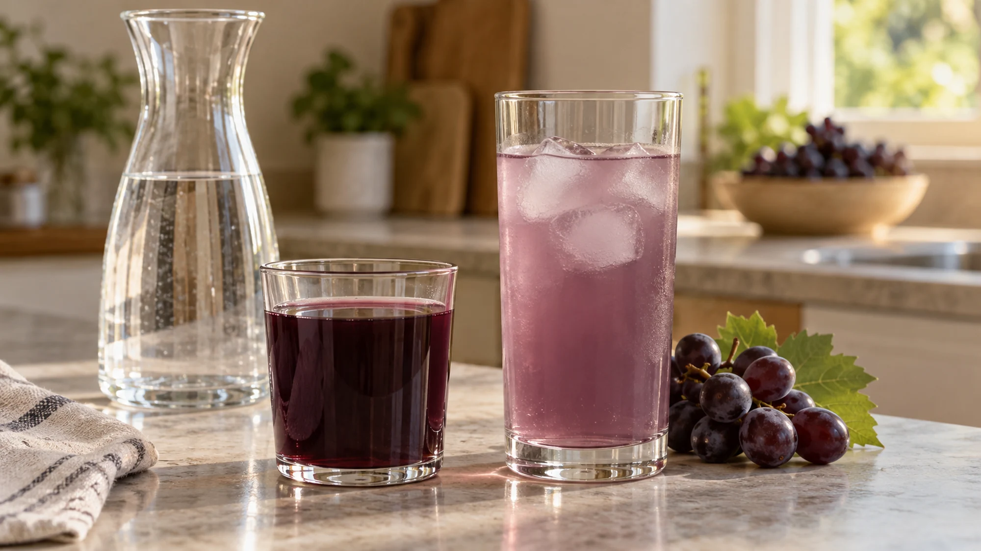 Small glass of purple grape juice beside a taller diluted drink and water carafe