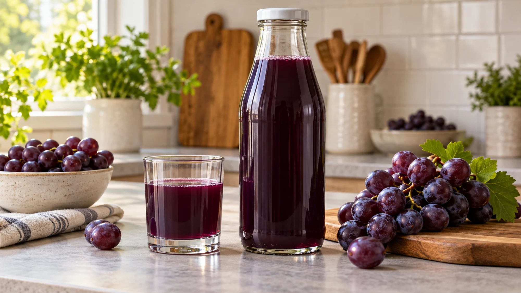 Plain capped bottle of purple grape juice beside a small glass and fresh grapes