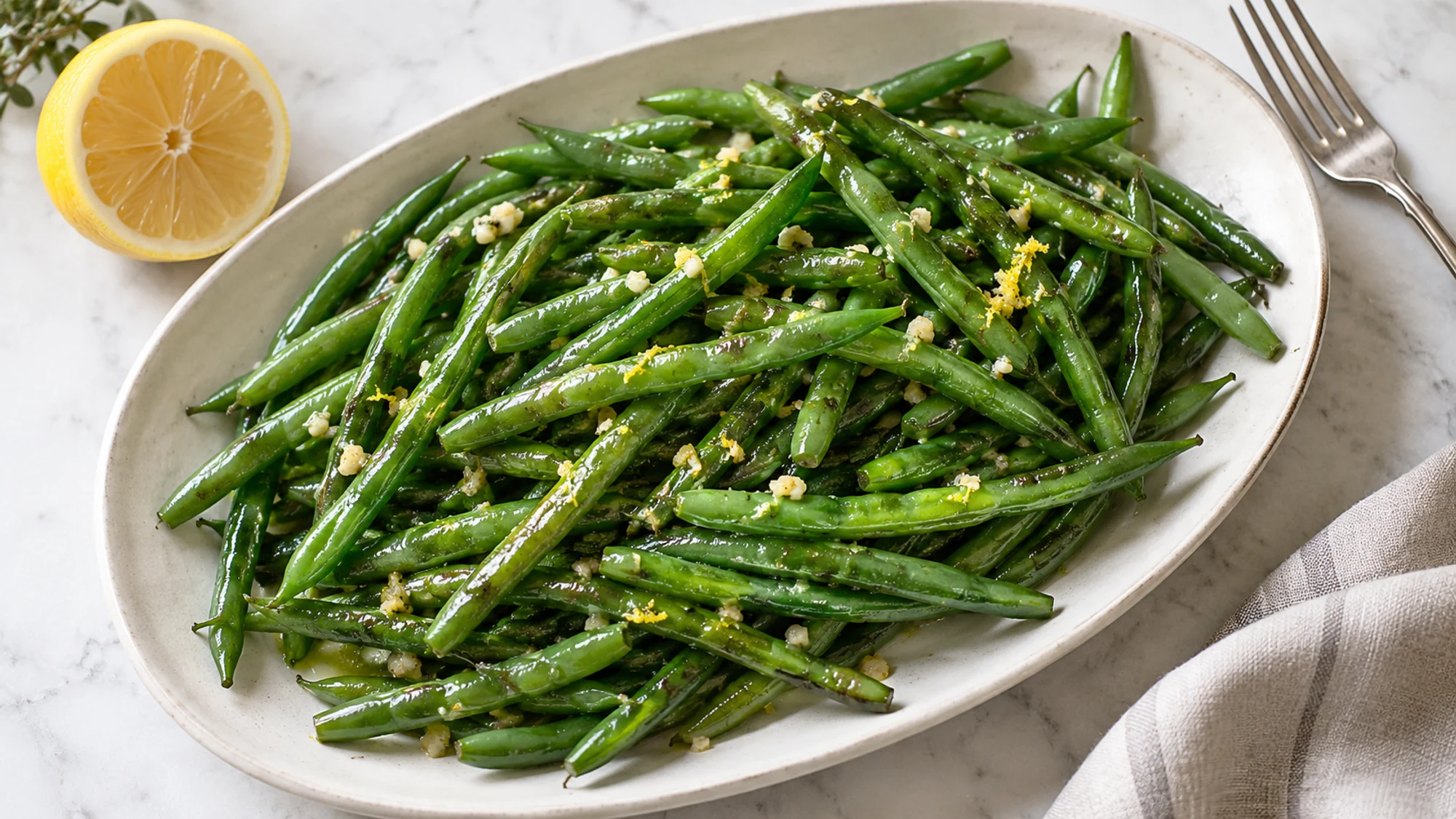 Overhead platter of crisp-tender green beans with garlic and lemon