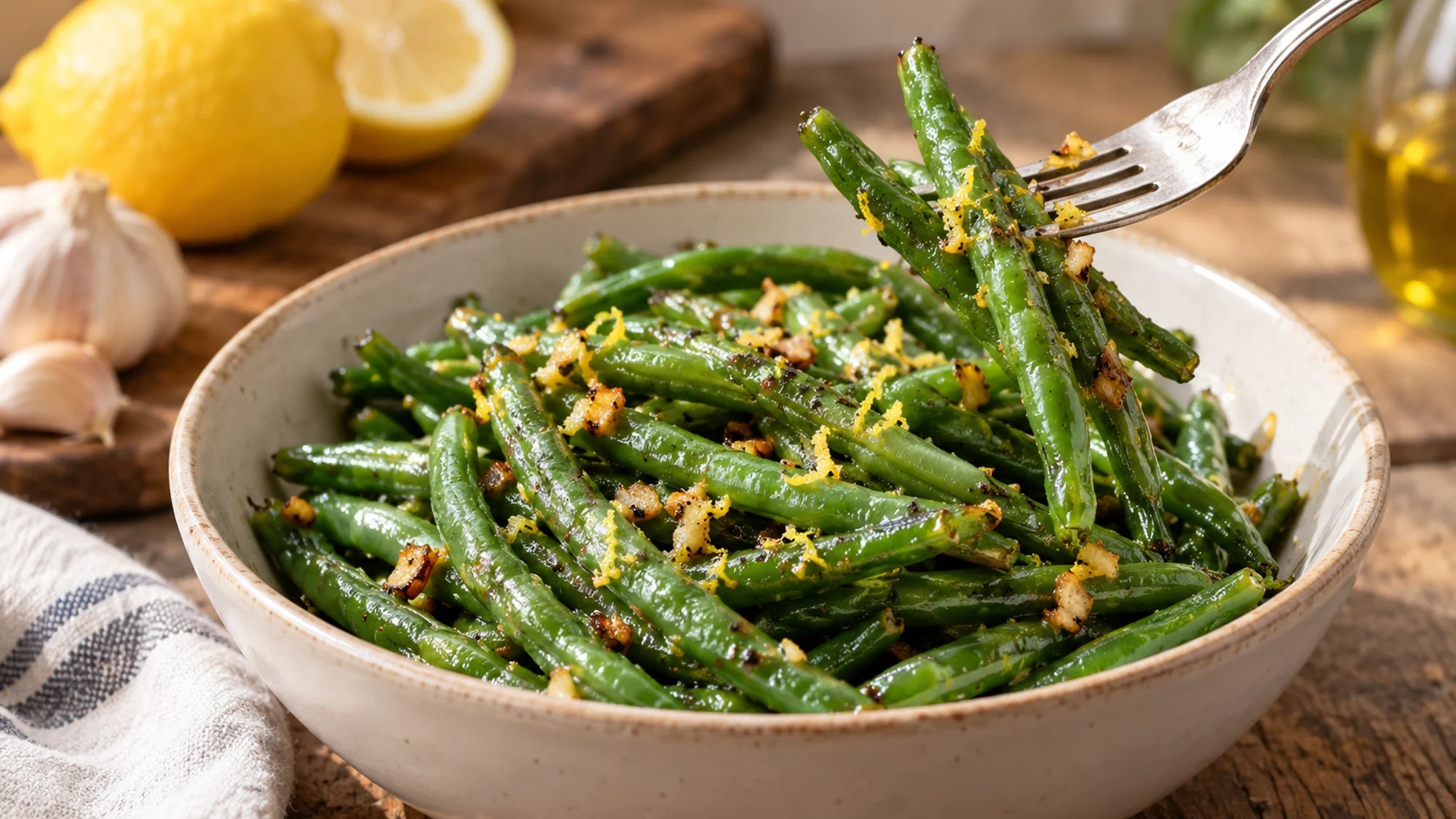 Close-up of garlic lemon green beans with light butter sheen