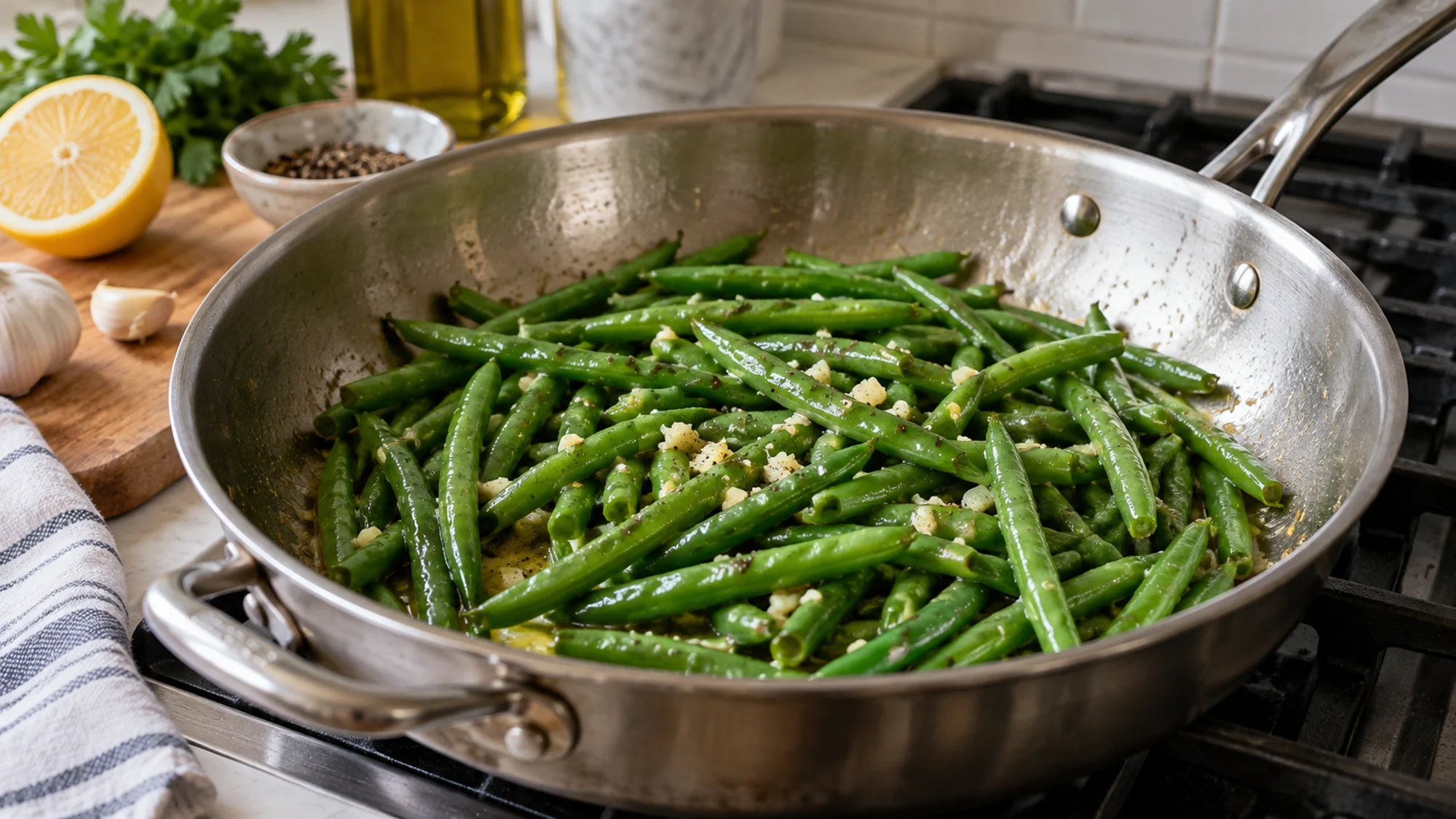 Green beans being tossed with garlic butter in a wide skillet