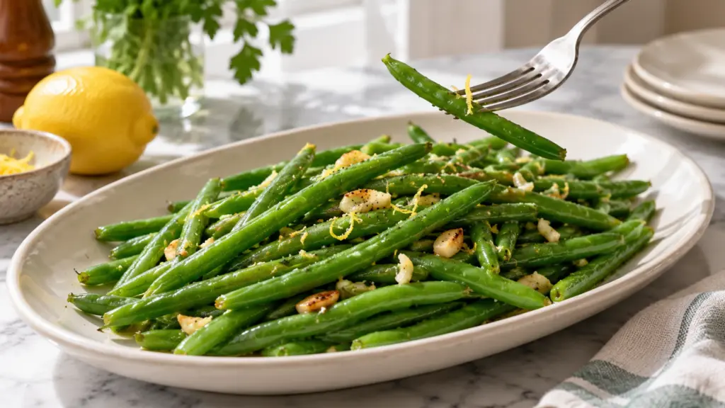 Garlic lemon green beans on a platter with fork lifting a bite