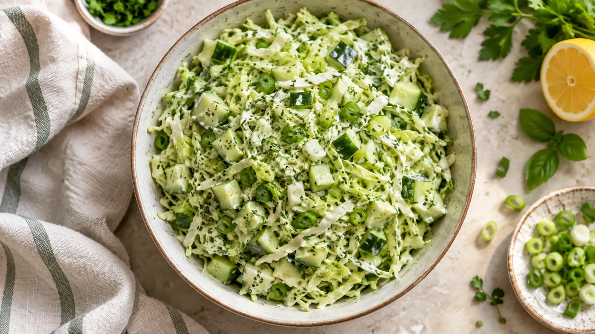 Overhead bowl of creamy green goddess cabbage salad