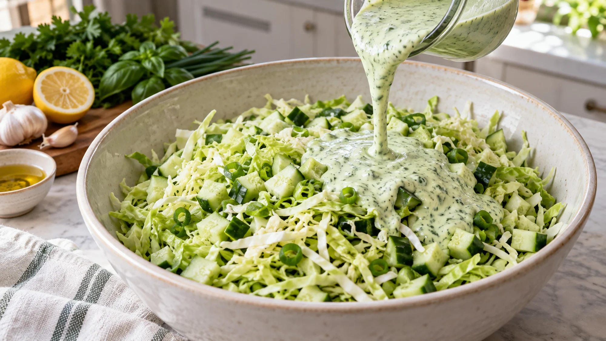 Herb yogurt dressing poured over shredded cabbage