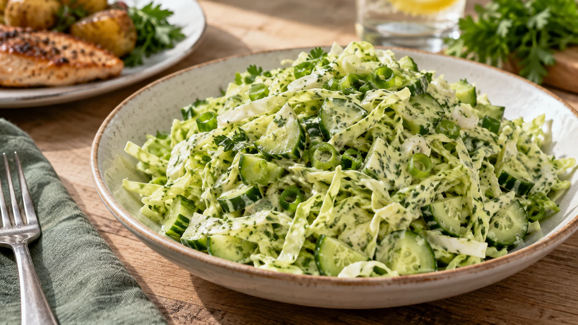 Plate of green goddess cabbage salad with cucumber