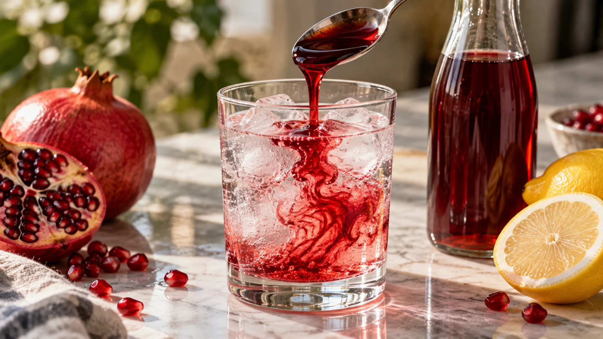 Grenadine stirred into sparkling water over ice