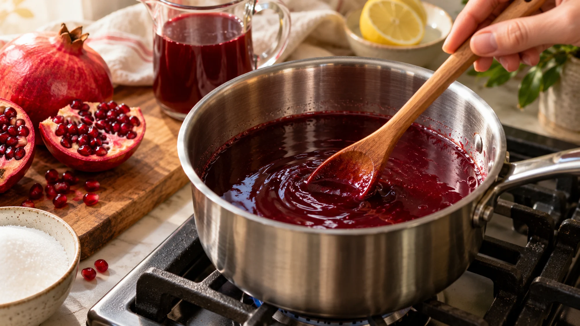 Pomegranate syrup warming in a saucepan