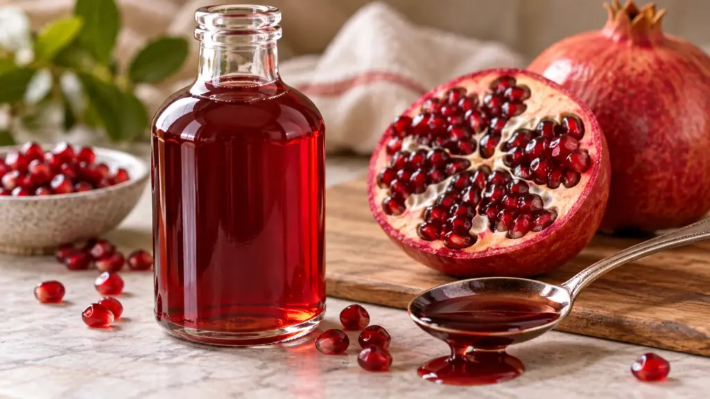 Ruby pomegranate grenadine in a small bottle